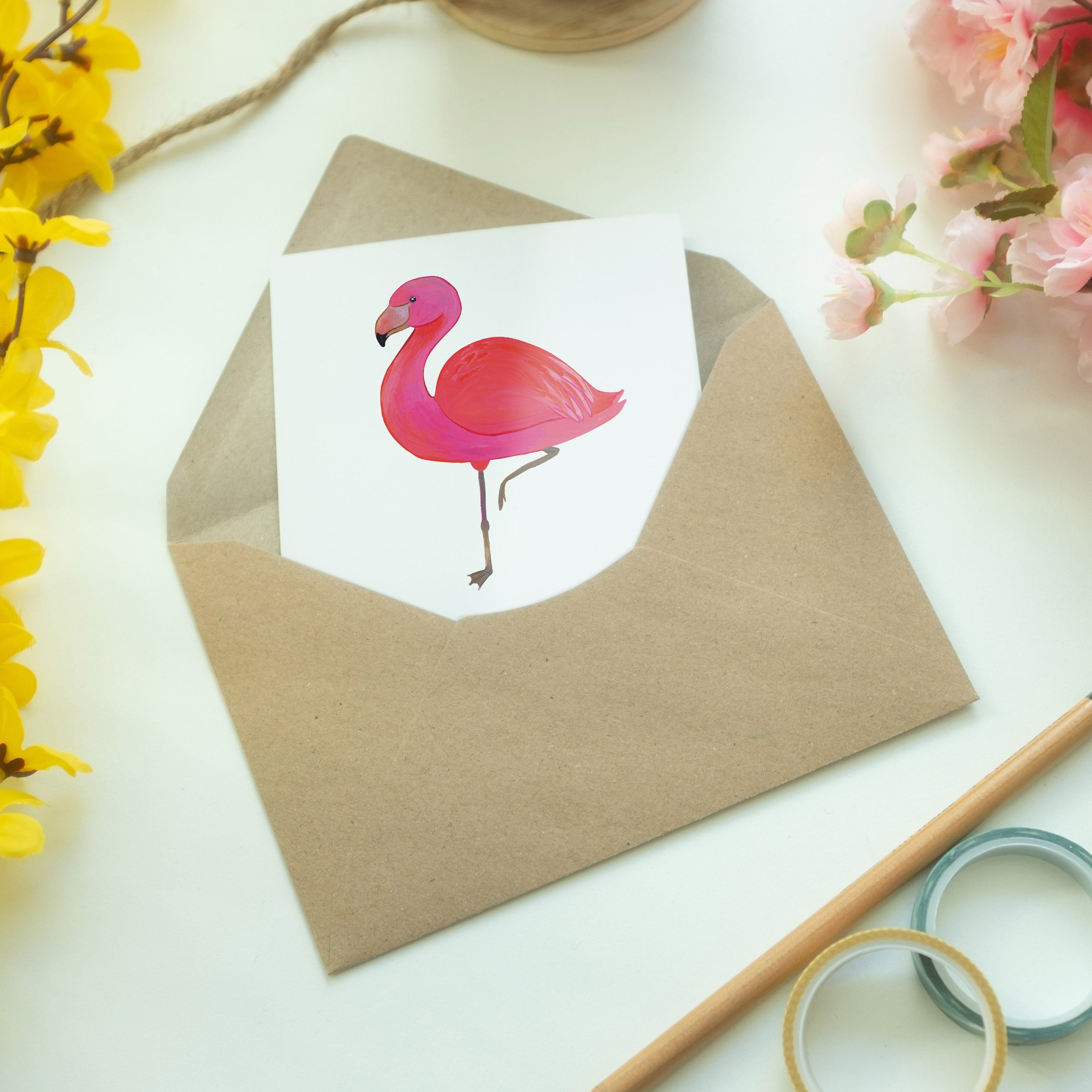 Mr. & Mrs. Panda - Karte, Geburtstagskarte, Flamingo Weiß Grußkarte classic Geschenk, - glücklic