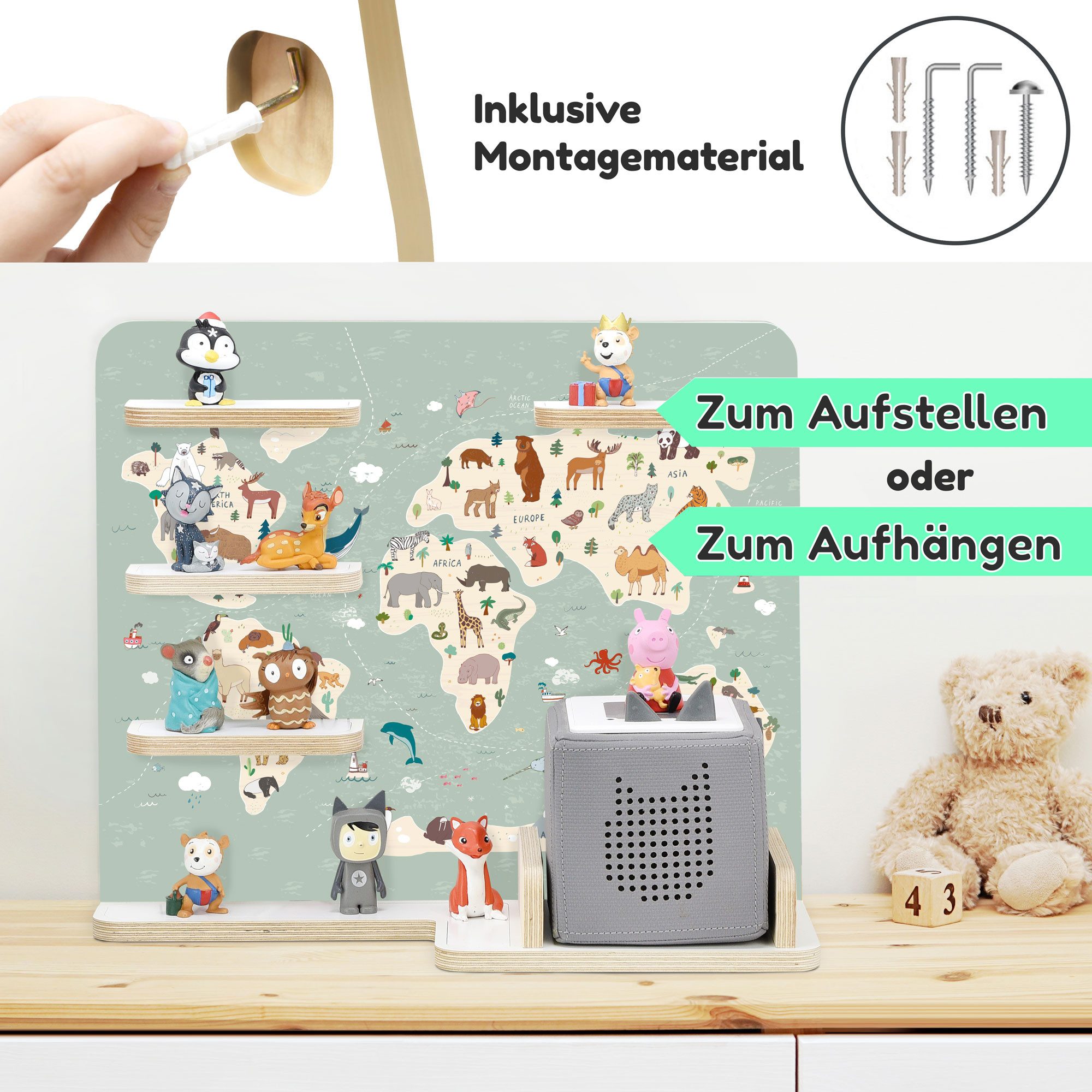 stadtecken Kinderregal mit schmalen Boden - geeignet für die Toniebox und Tonies, Bunte, verspielte Aufbewahrung für 35 Figuren, ideal fürs Kinderzimmer