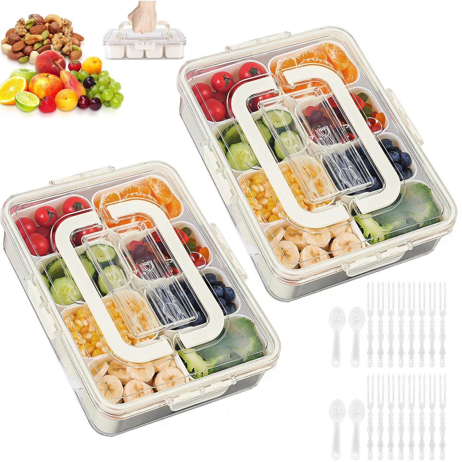 BlingBin Frischhaltedose Snackbox Snackteller Servierplatten mit 8 Fächern, Deckel und Griff, PET+PP, (Herausnehmbarer Tragbarer Snackbox-Organizer, 2-tlg., 30,7*23,8*7cm), Große Picknickbox für Süßigkeiten, Bonbons, Früchte, Nüsse und Kekse