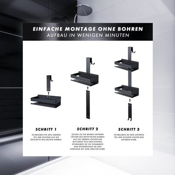 Benkstein Duschablage Duschablage zum Hängen, Duschregal mit 2 Duschkörben zum Hängen, Duschablage aus Edelstahl - 4 Haken - Duschablage ohne Bohren