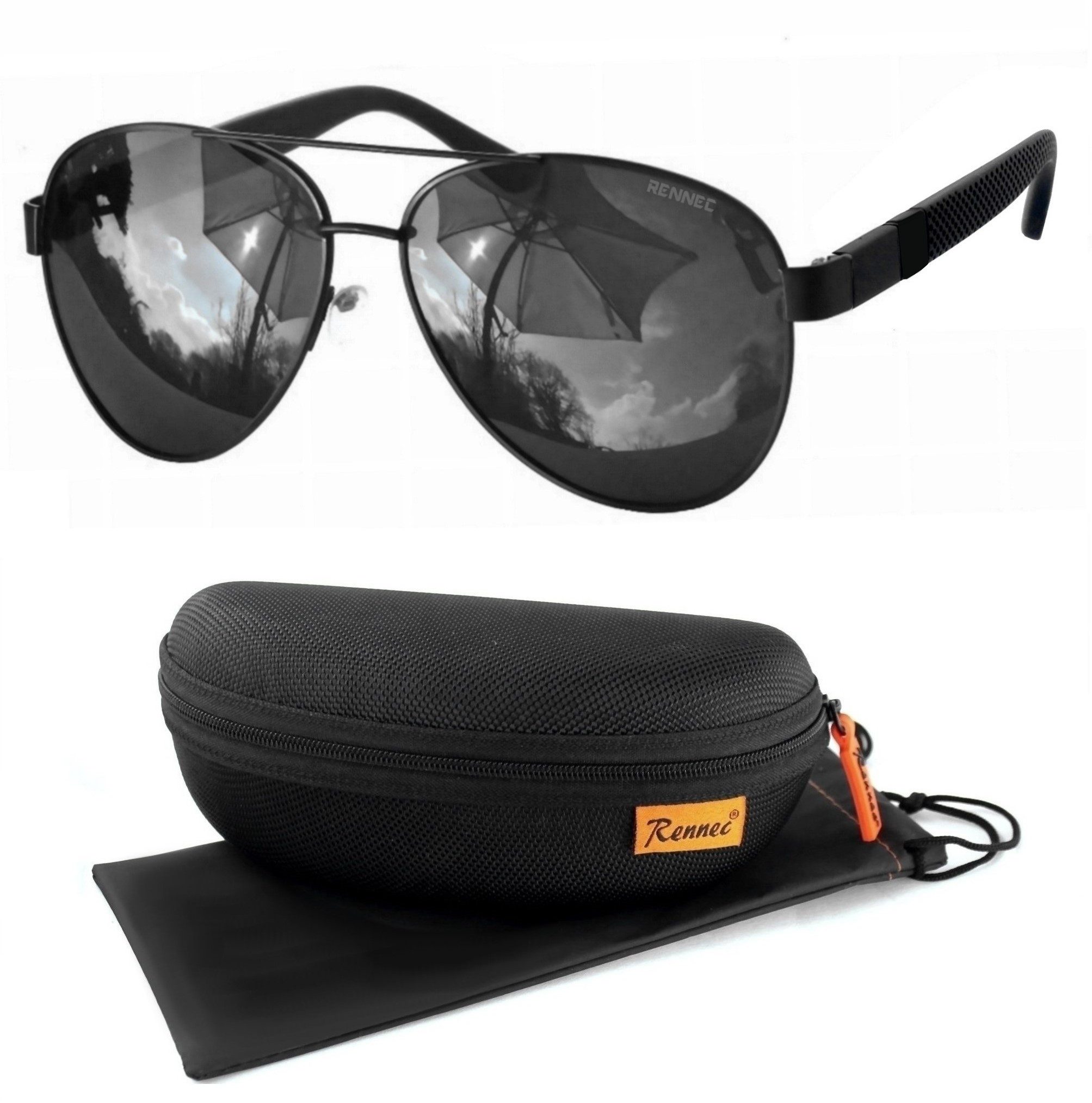 Rennec Pilotenbrille (Sonnenbrille Herren Pilotenbrille Damen Polarisiert Schwarz mit Hardcase) Große Polarisierte Gläser UV400, Brillenbügel im Motorsport Optik