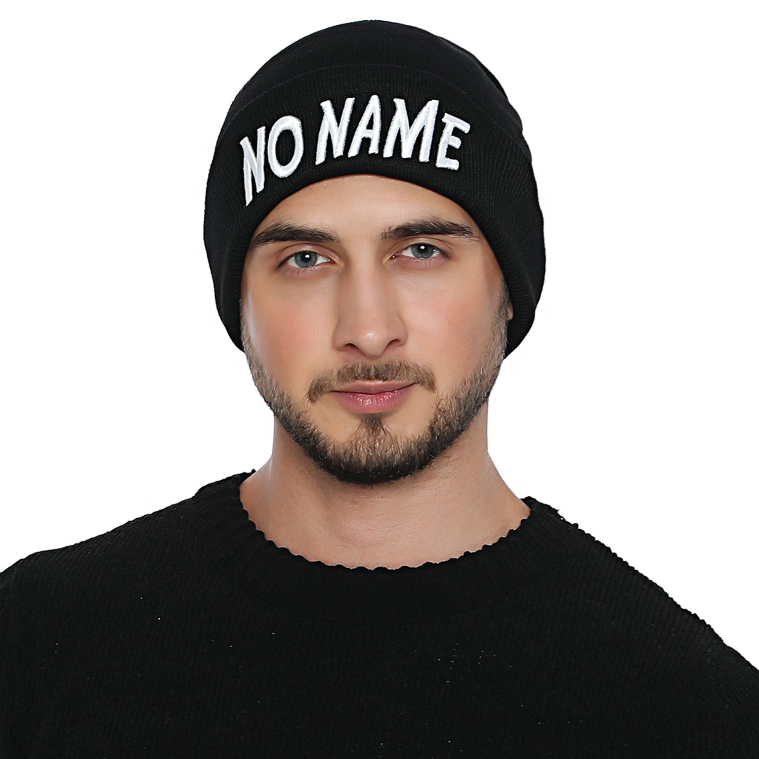 DonDon Beanie stylische Herren Winter Beanie (Packung, 1-St) Wintermütze, mit coolem Statement-Print, Strickmütze mit Krempe schwarz - "NO NAME"