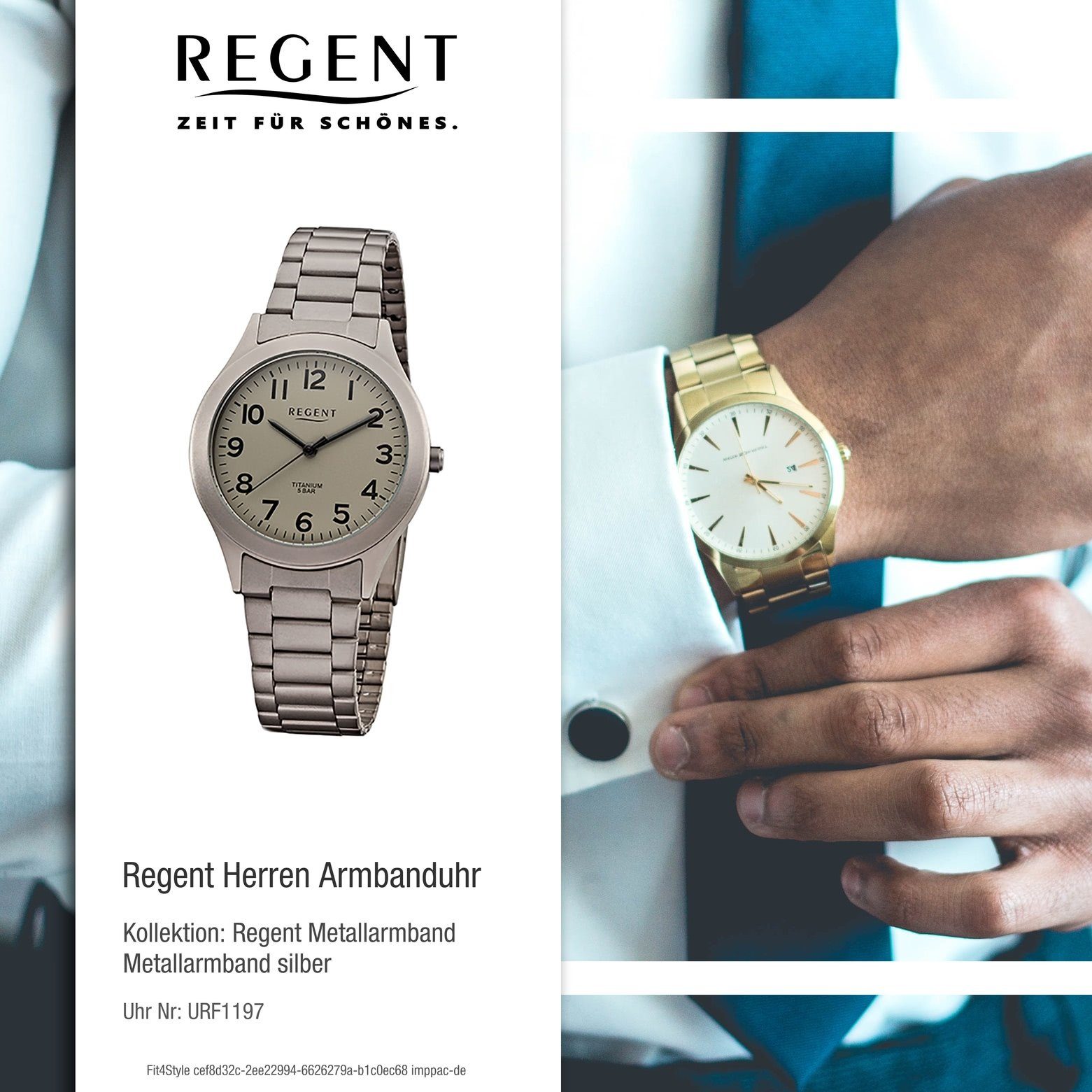 Regent Quarzuhr Regent Armbanduhr Metall Herren rund, Quarz, 37mm), mittel Metallarmband Herren F-1197 (ca. Uhr
