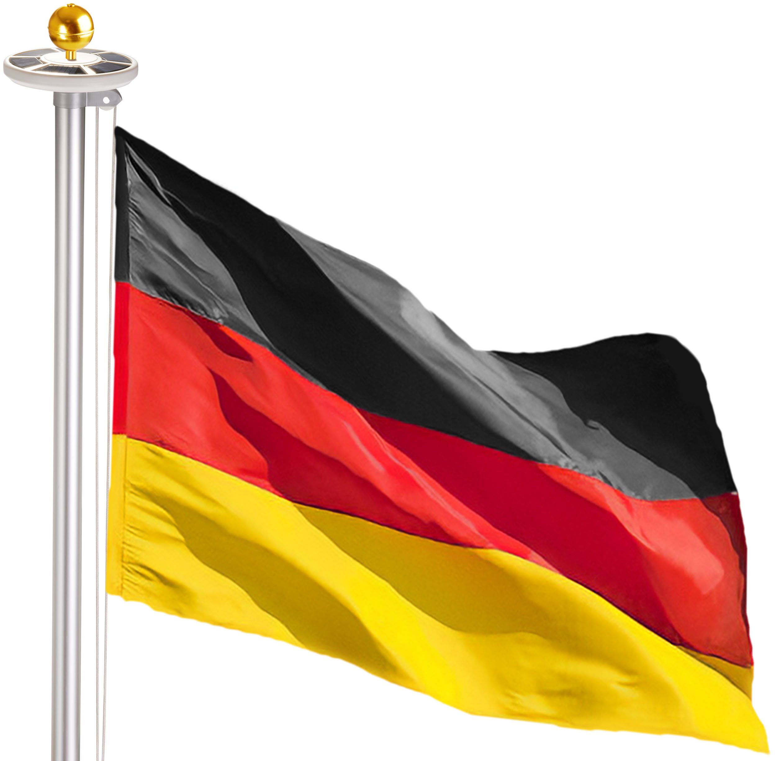 BRUBAKER Fahnenmast Aluminium Mast inkl. Deutschland Flagge, LEDs und Kugelspitze Gold, (Solar-Energie Licht mit 26 LEDs - All-in-One Set), mit Bodenhülse und Deutscher Fahne 150 x 90 cm