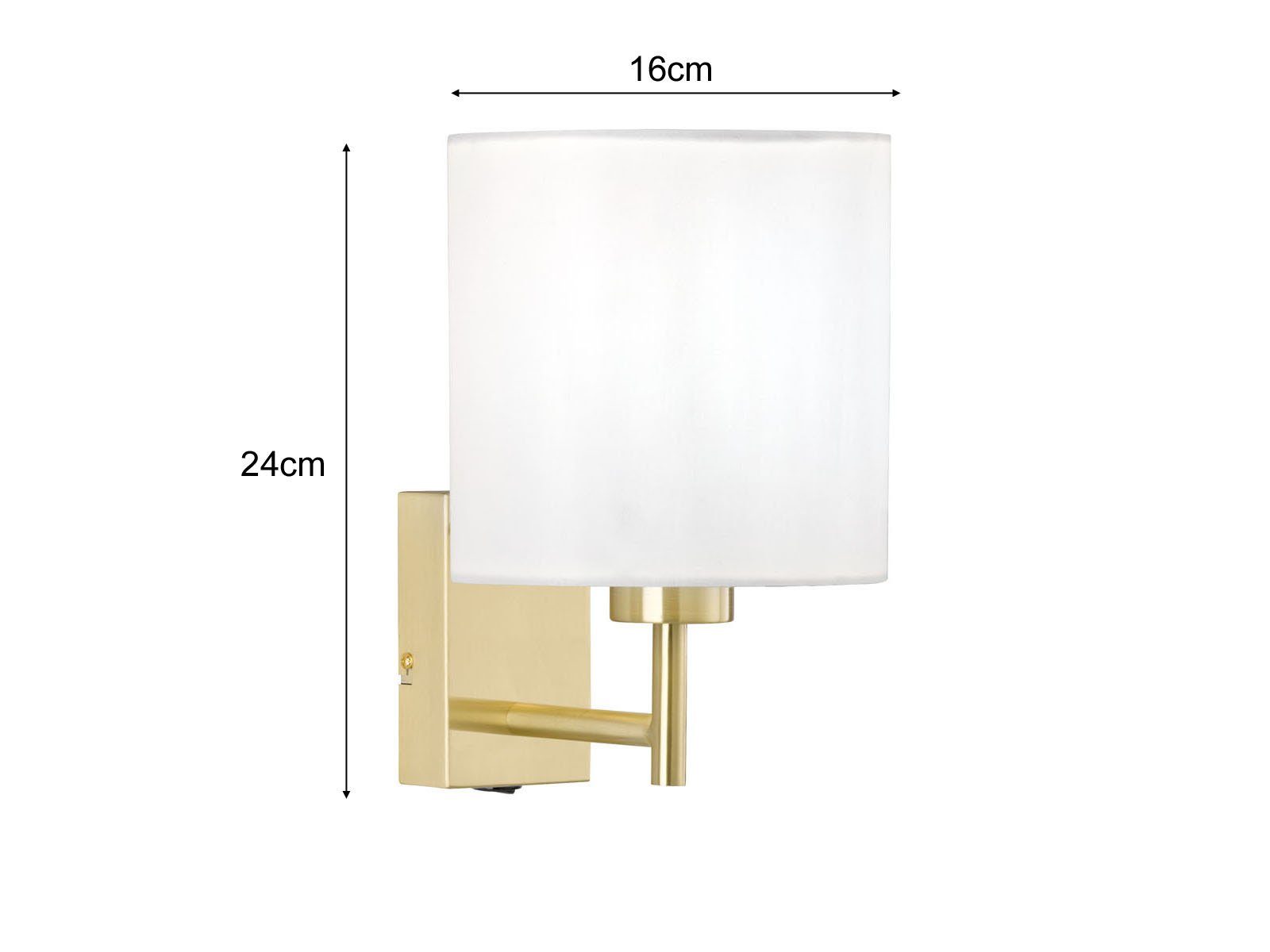 Stoff-Lampe mit - Wandleuchte, Ø16cm Nachttisch-Lampe meineWunschleuchte LED Warmweiß, Schalter Wand-Montage wechselbar, Bett LED Messing-Weiß