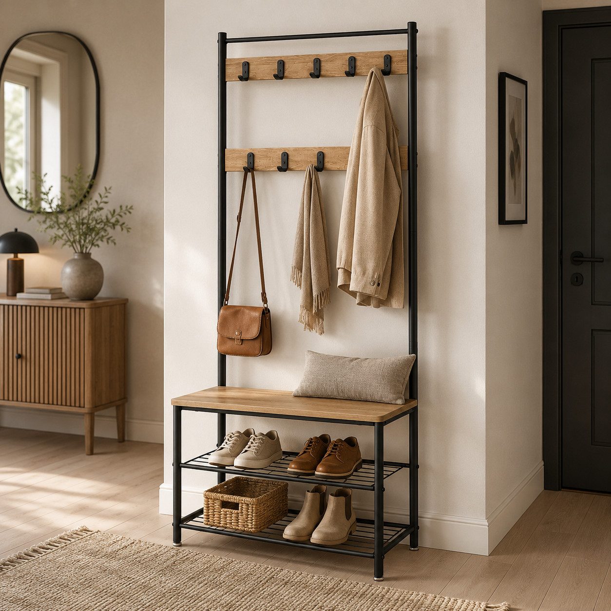 Best for Home TV-Rack Garderobenständer mit Sitz & Schuhablagen – Sonoma & Schwarz (Einzelartikel, 1 St., Einzelartikel), Sitzbank integriert, platzsparend