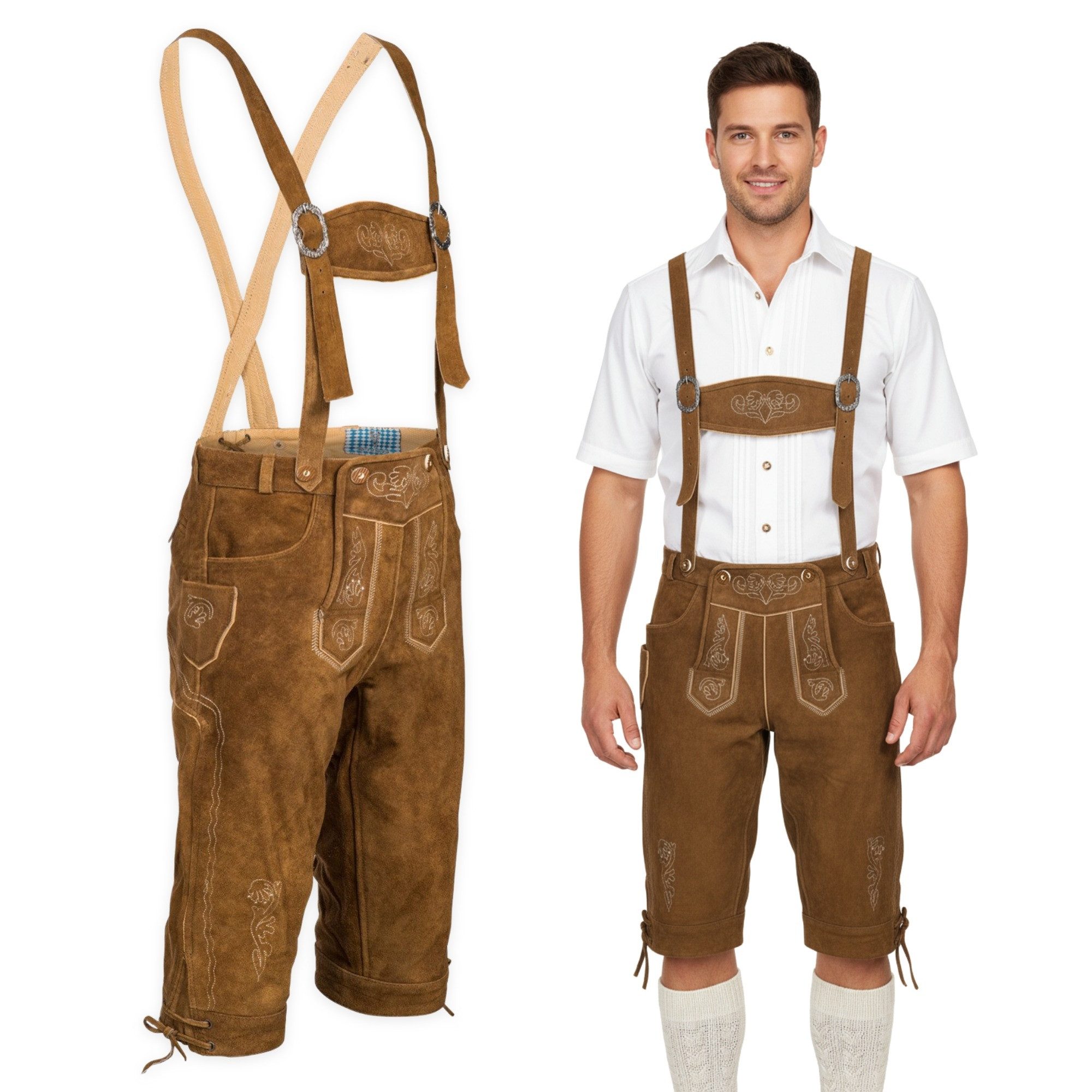 Spirit of Bavaria Trachtenlederhose aus 100% Echtleder I Lederhose Herren mit Träger I Tracht Hose Männer (I Traditionelle Trachtenlederhose für Herren, I Kniebund Oktoberfest Outfit Trachtenhose 506)