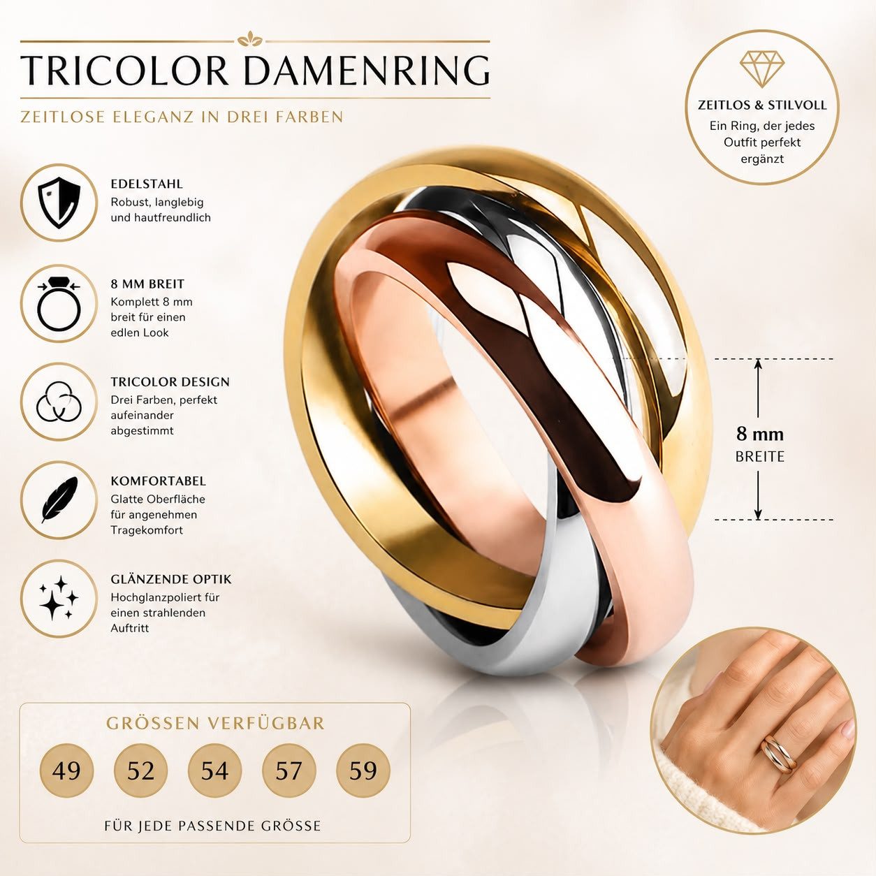 Taffstyle Fingerring Damen Ring Edelstahl Tricolor Gold Silber Rose Elegant Dreier Ring (Zeitloser Damenring in drei Farben mit glänzendem Design) – Bild 2 von 5