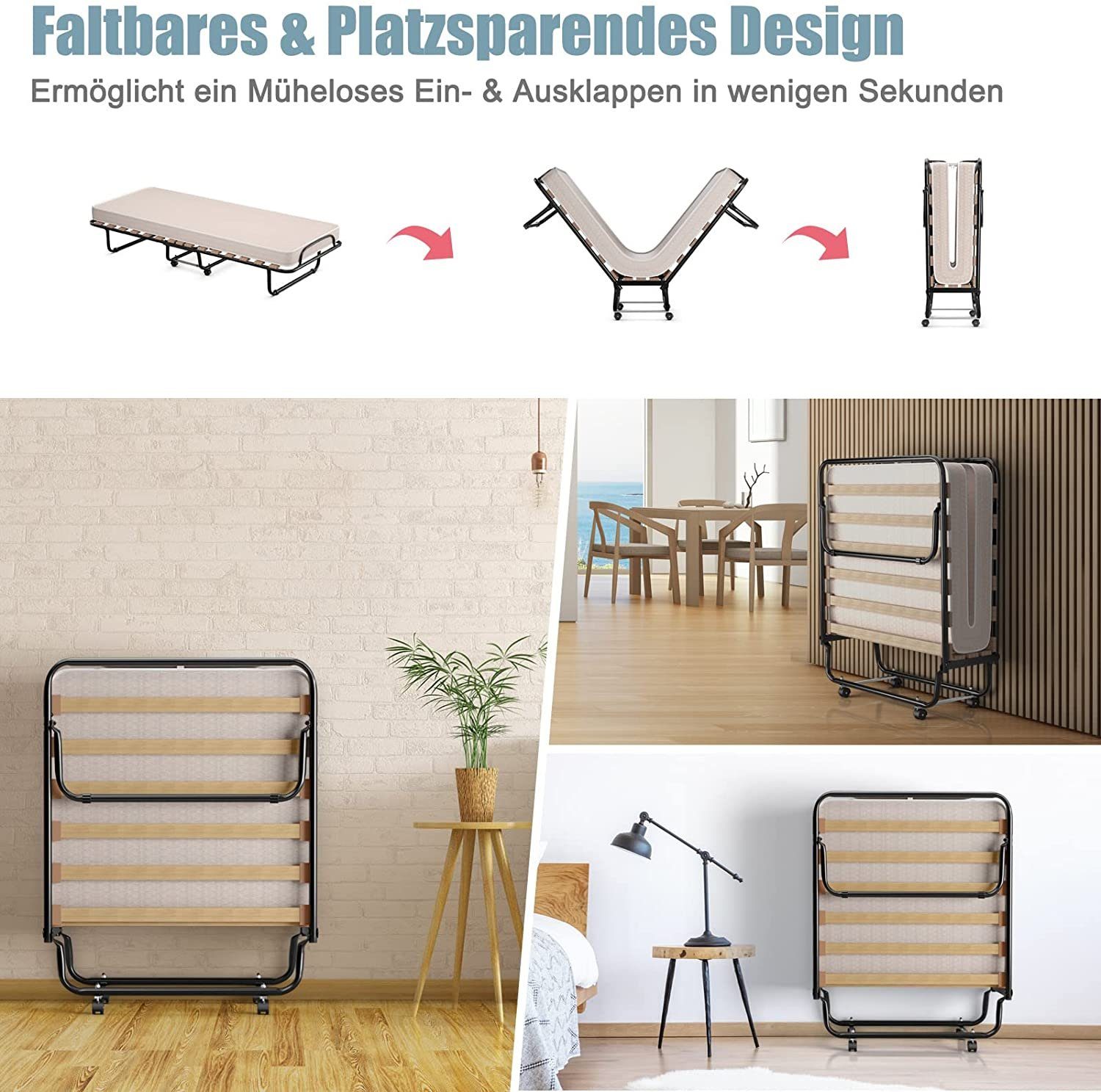 COSTWAY Gästebett klappbar 80x190cm auf Rädern, mit Matratze, bis 130kg günstig online kaufen