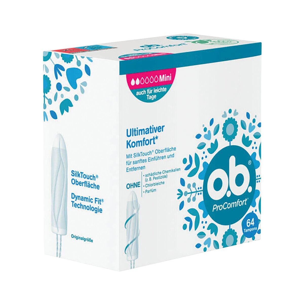 o.b. Tampons ProComfort® Mini, mini Gr., SilkTouch®-Oberfläche & geschwungene Rillen, 64 Stück
