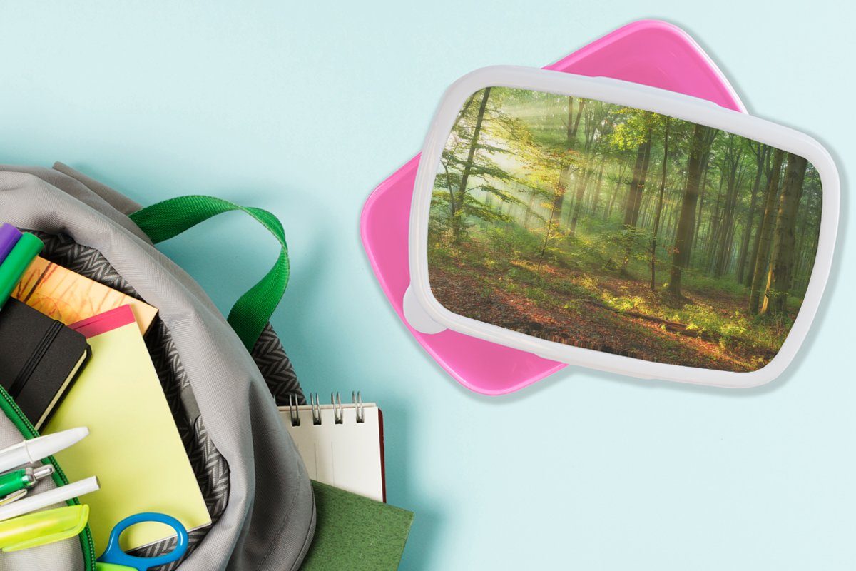 MuchoWow Lunchbox Sonne - Snackbox, - - (2-tlg), für Natur Kunststoff, Brotdose Erwachsene, Mädchen, Brotbox Herbst, rosa Wald Bäume Kunststoff - Kinder