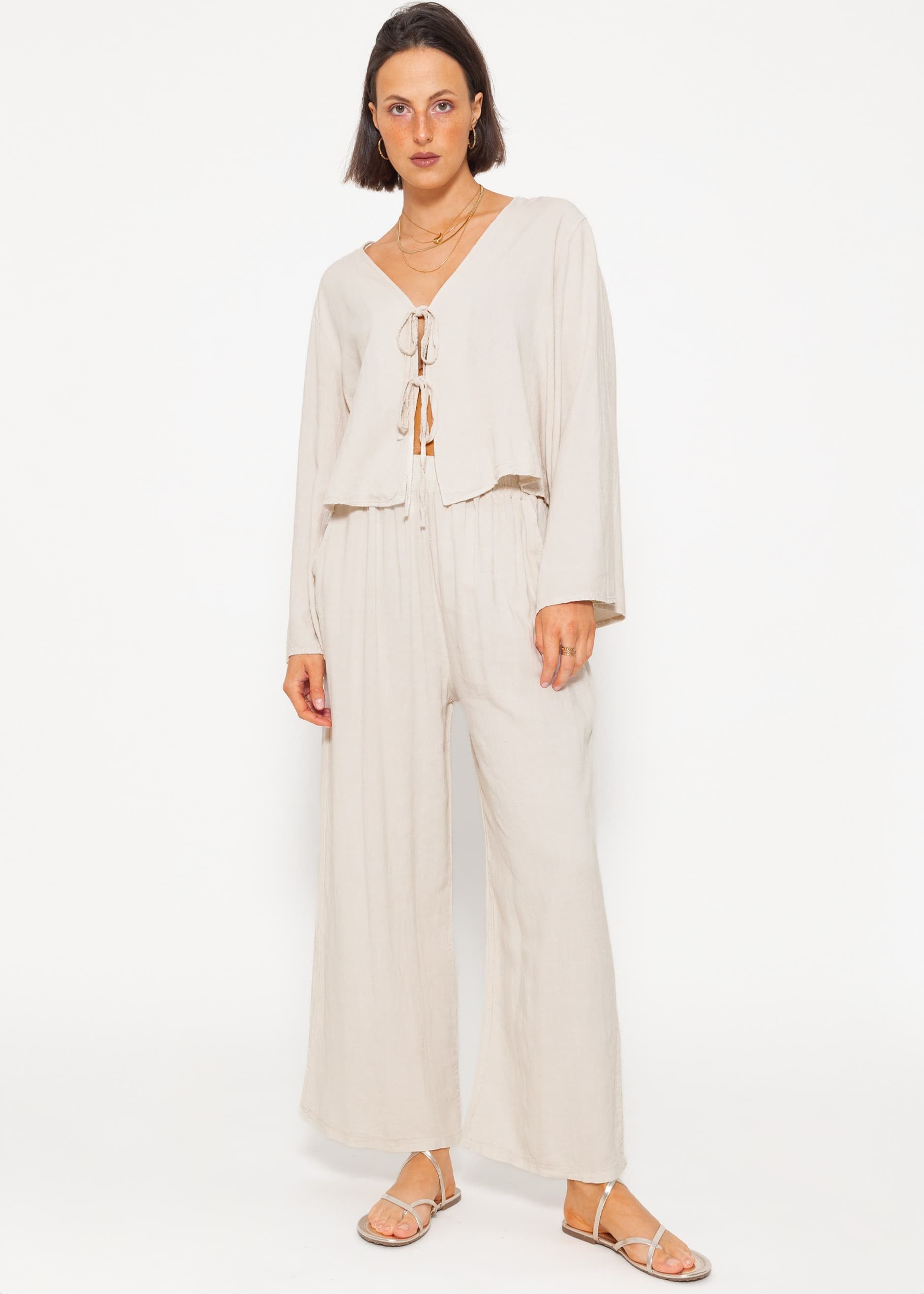 SASSYCLASSY Blusenjacke Oversized Leinen Blusenjacke Damen Blusen mit Schleifen Bindebändern und weiten Ärmeln Beige Salbeigrün