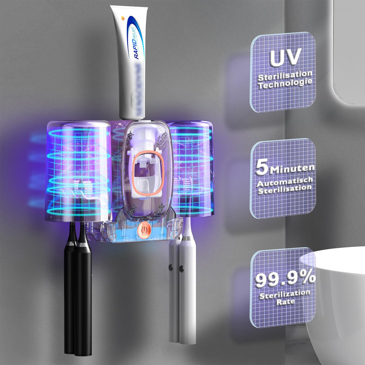 MOPUEA Zahnbürstenhalter Zahnbürstenhalter UV Desinfektions Zahnbürsten Halter mit 4 Schlitze, (Automatischer Zahnpastaspender, mit 2 herausnehmbarer Becher, 1- – Bild 5 von 5