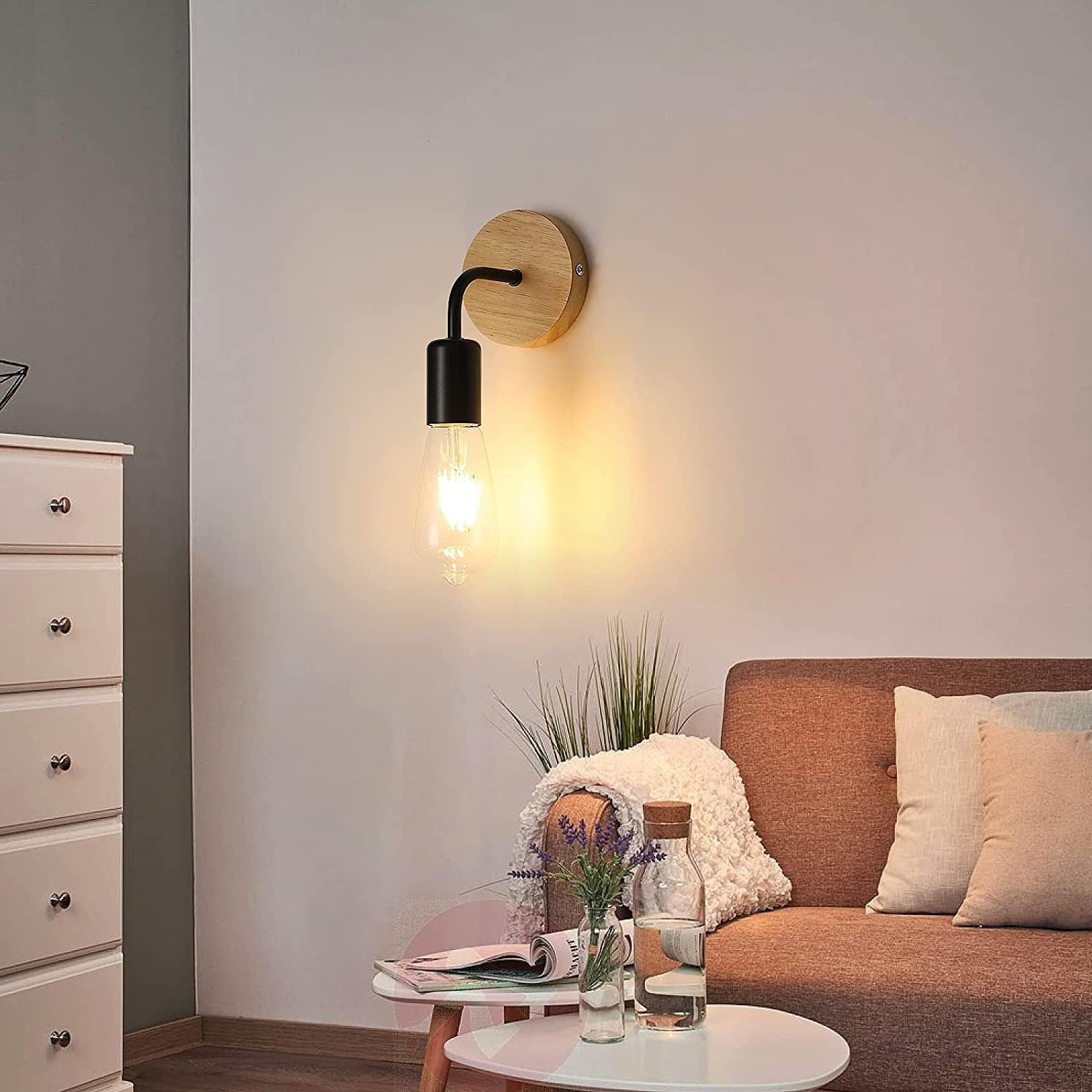 Riserva LED Wandleuchte Wandleuchte 2er Set E27 Schwarz Holz, Wandlampe Vintage, Vintage Industriestil,einfache Installation,klassisches Design