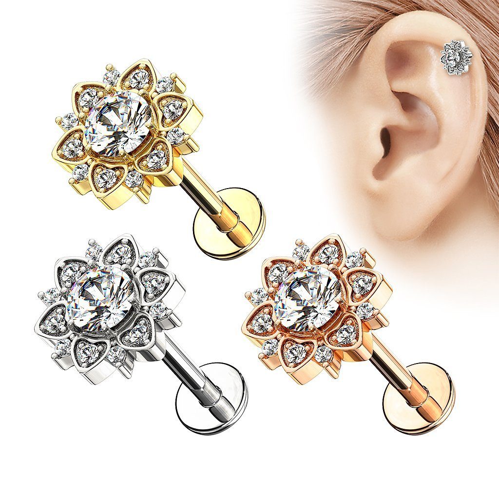 Taffstyle Piercing-Set Ohr Helix Tragus Knorpel Labret Piercing Kristall Blume, Universal Piercing Helix Cartilage Stab Stecker Madonna Lippenpiercing