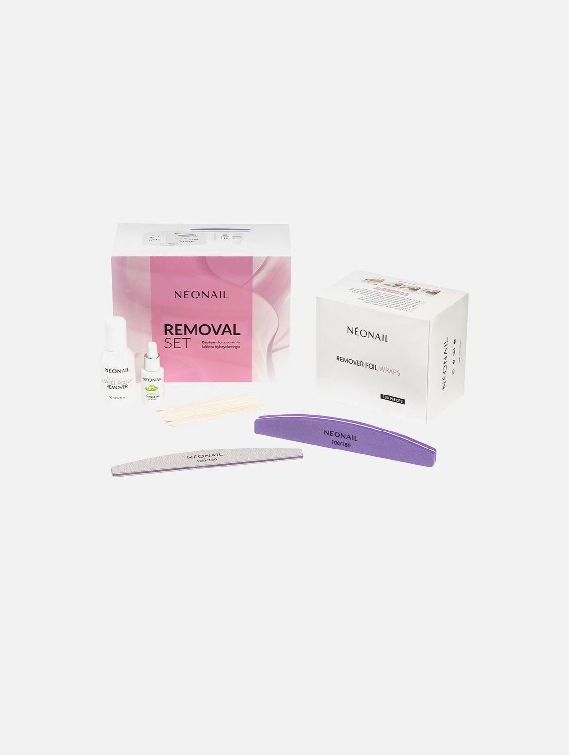 Neonail Уход за кожей-Set NEONAIL Nagellackentferner Removal Set eine Polierfeile 100/180, violett ein UV Gel Polish Remover Aceton (50 ml) eine Packung Foil Nail Wraps (100 Stück) eine Packung Holzstäbchen (10 Stück) eine Nagelfeile trapez 100/180 ein Vitamin Cuticle Oil (15 ml), 6-tlg.