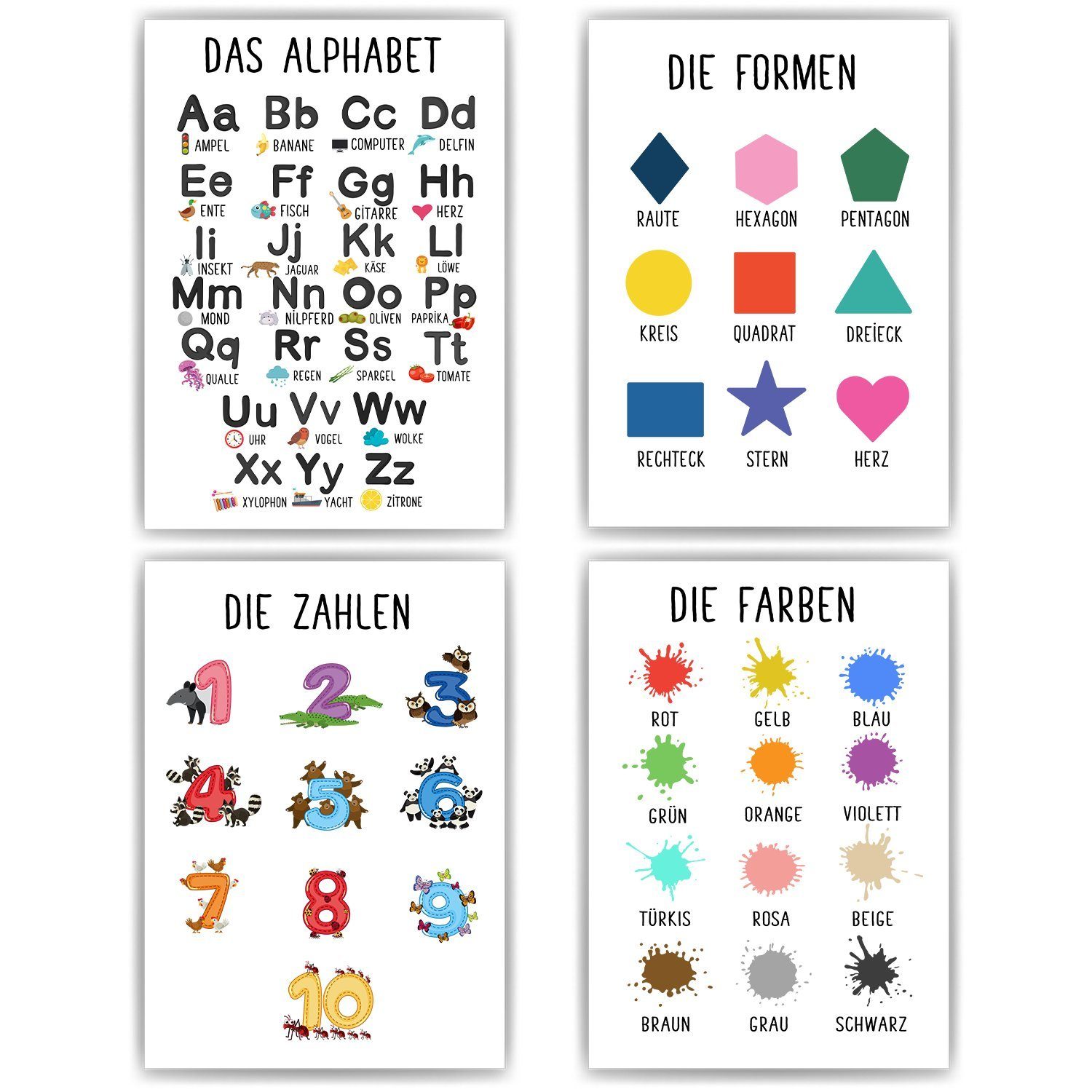 Poster 4er Set Alphabet Formen Zahlen Farben Kinderzimmer Lernposter
