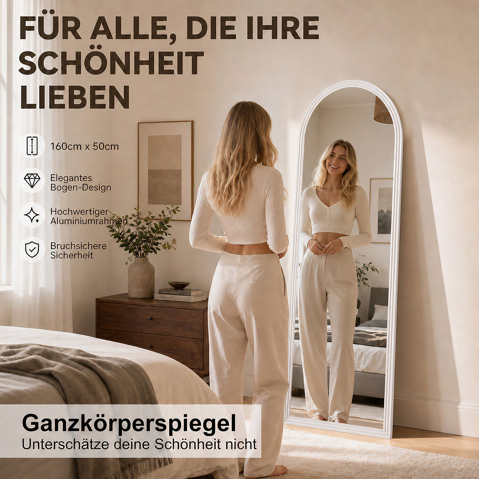 BBWL Ganzkörperspiegel 160 x 50 cm, Großer Standspiegel, mit stabilem Standfuß, Holzrahmen in Bogenform,HD Spiegelglas, stabiler Rahmen – Bild 5 von 5