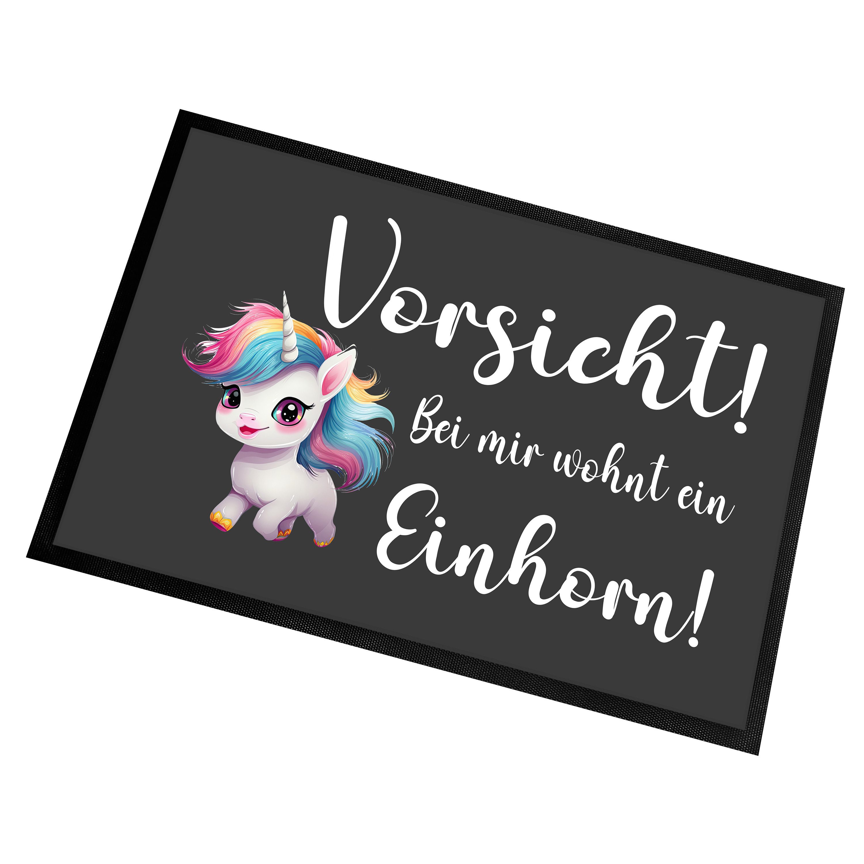 Herzbotschaft Fußmatte Schmutzfangmatte mit Spruch Vorsicht! Bei mir wohnt ein Einhorn!, 2 mm hoch