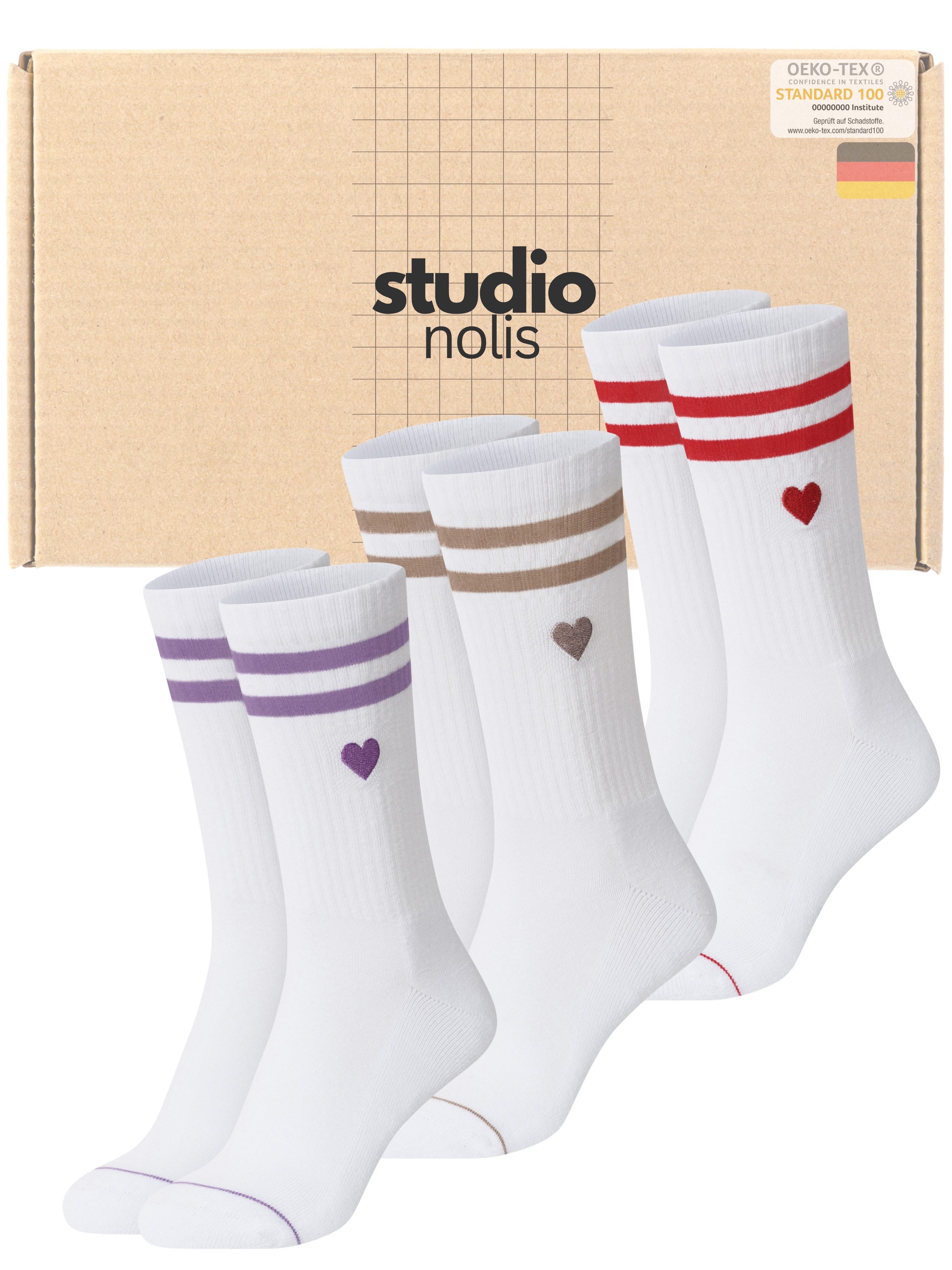 Studio Nolis Tennissocken Herz Socken Baumwolle Damen Crew Socks Stickerei Streifen (Set, 3 Paar)