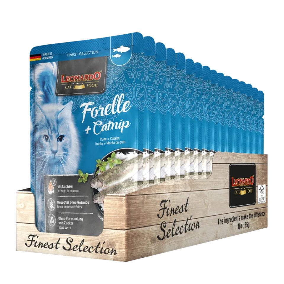 Leonardo Catfood Forelle & Catnip - getreidefreies Nassfutter reich an Omega-3 16x85g, Nassfutter für: Katzen