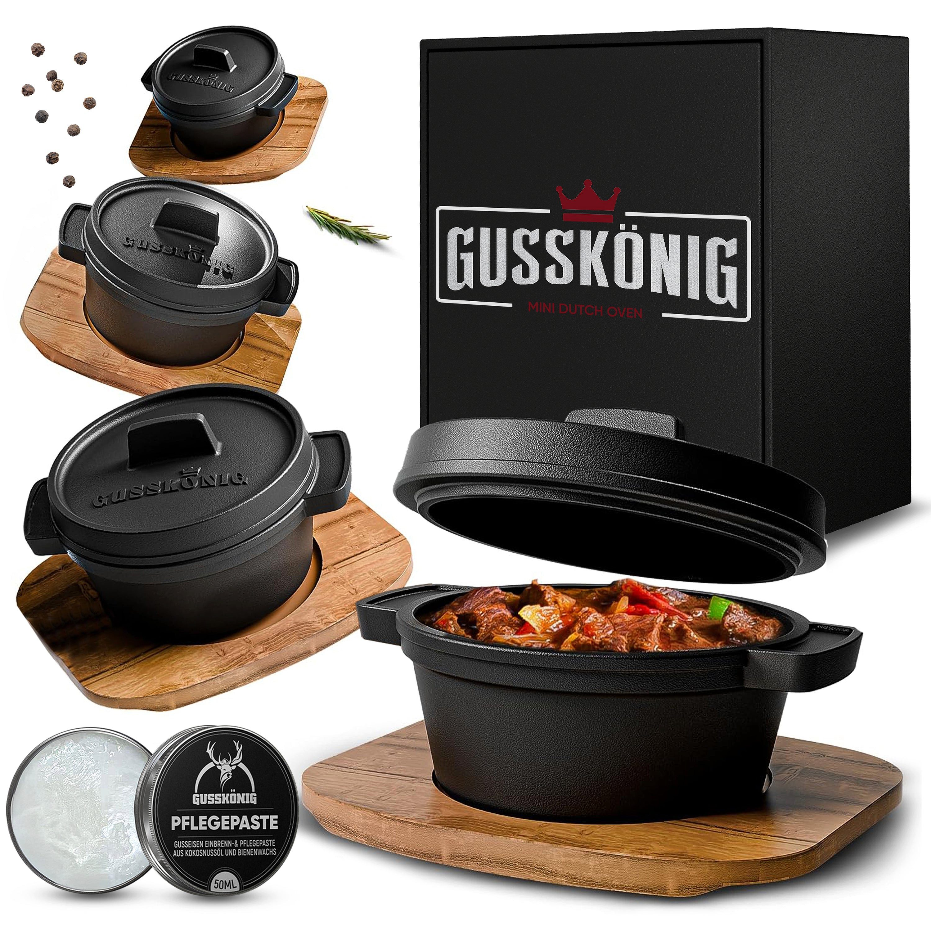 GUSSKÖNIG Schmortopf GUSSKÖNIG Dutch Oven Set Mini Topf 4Stk mit Deckel Holzbrett je 300 ml