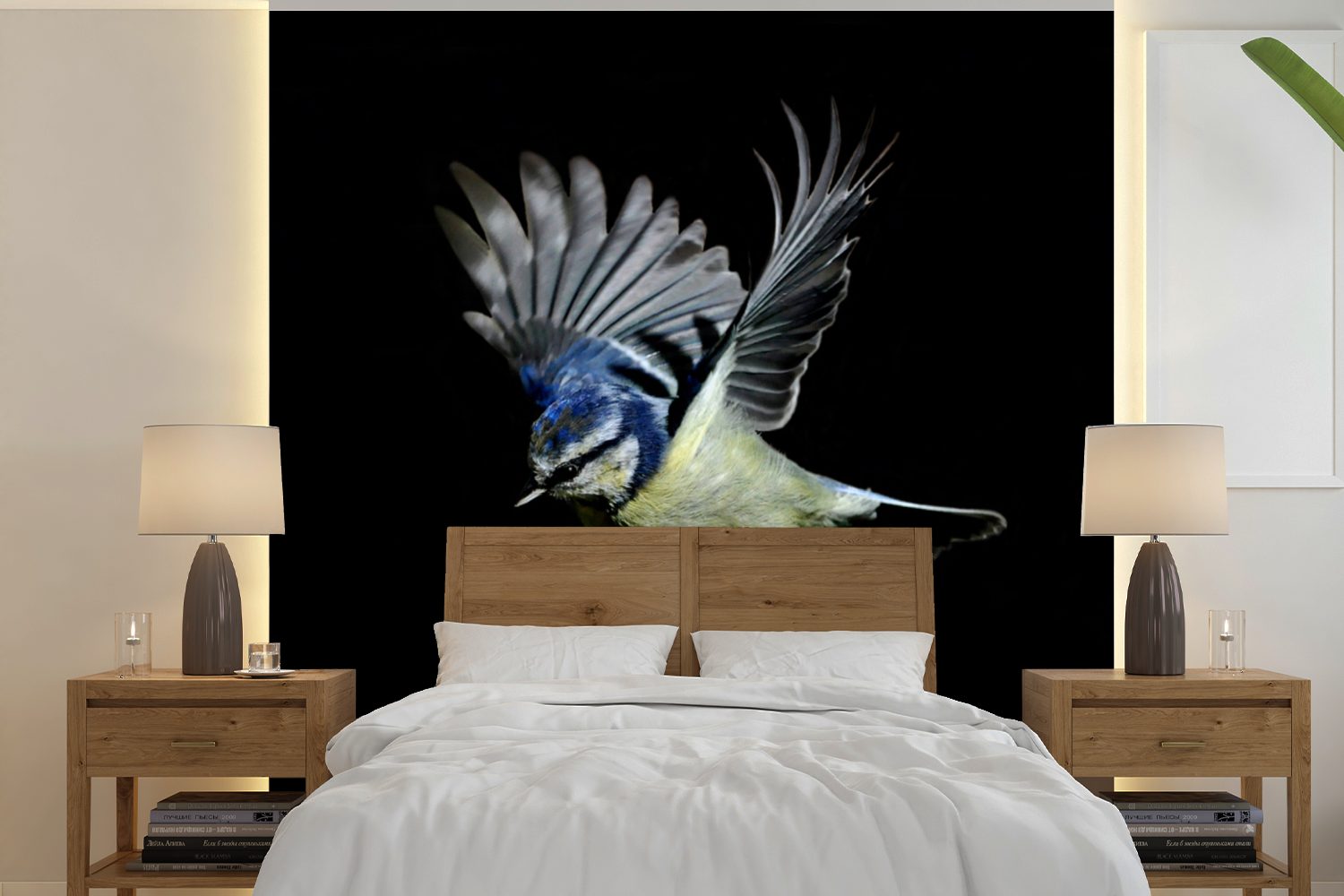 MuchoWow Fototapete Blaumeise - Vogel - Schwarz, Matt, bedruckt, (5 St), Vinyl Tapete für Wohnzimmer oder Schlafzimmer, Wandtapete