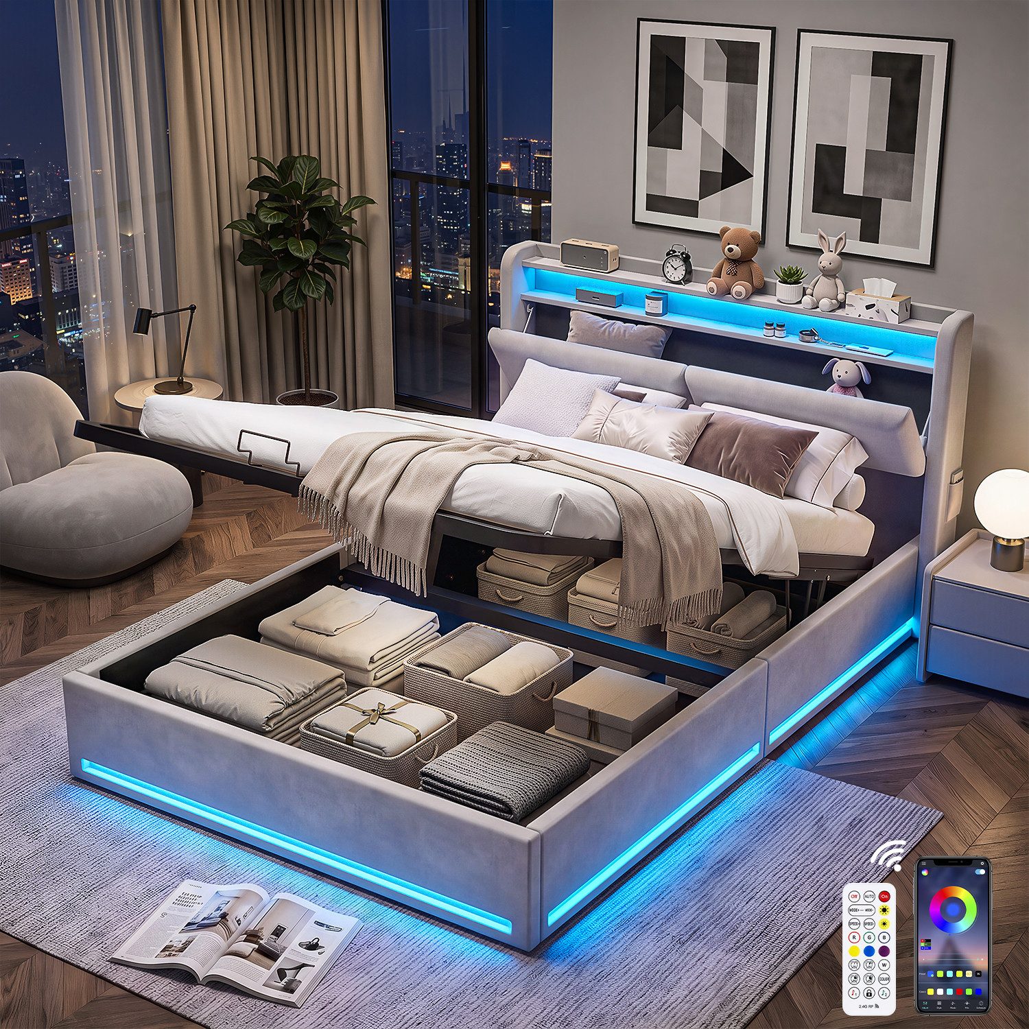 oyajia Polsterbett LED Doppelbett 140x200cm, Stauraumbett mit Kopfteil, Samt (mit Komforthöhe, Leises Design Bett), Stauraumbett mit Hydraulische Metallrahmen und Lattenrost aus Holz