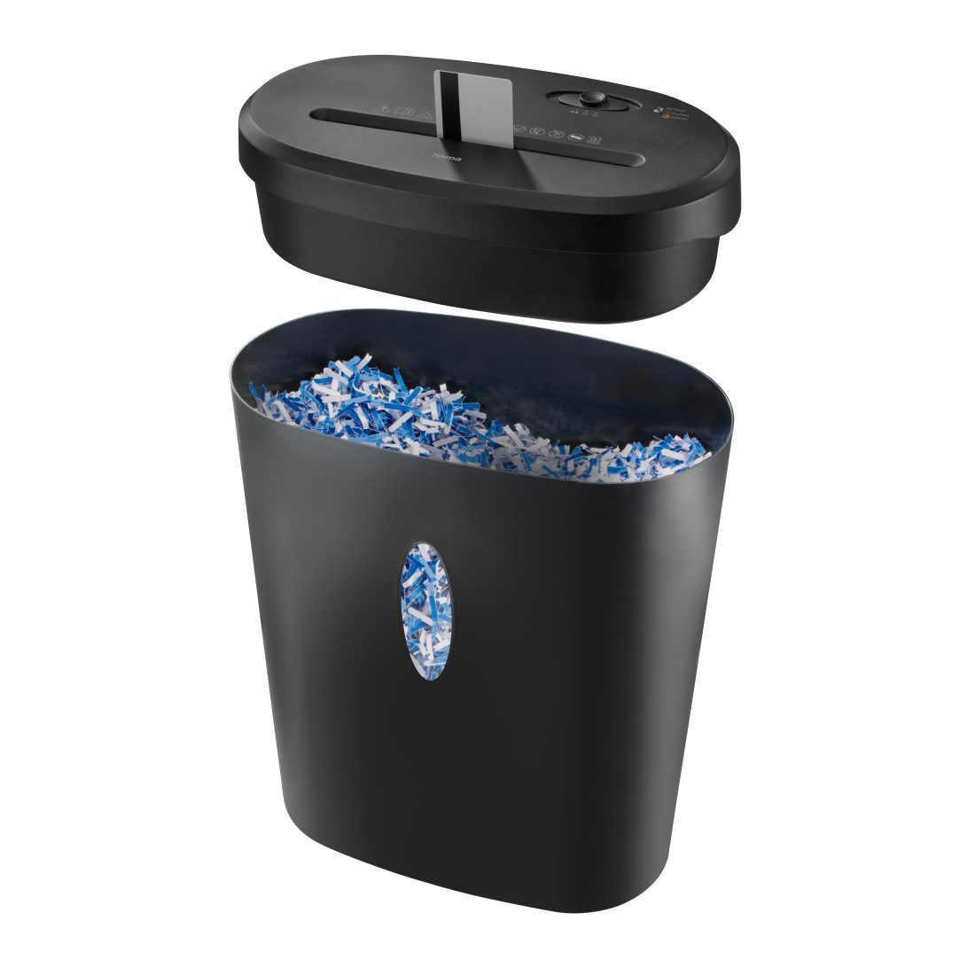 Hama Aktenvernichter Aktenvernichter Partikelschnitt (Papier + Plastik, Korb, 12 Blatt, P4), Mit Papierkorb, 4 x 40 mm Schnitzel, Automatik, Rücklauf