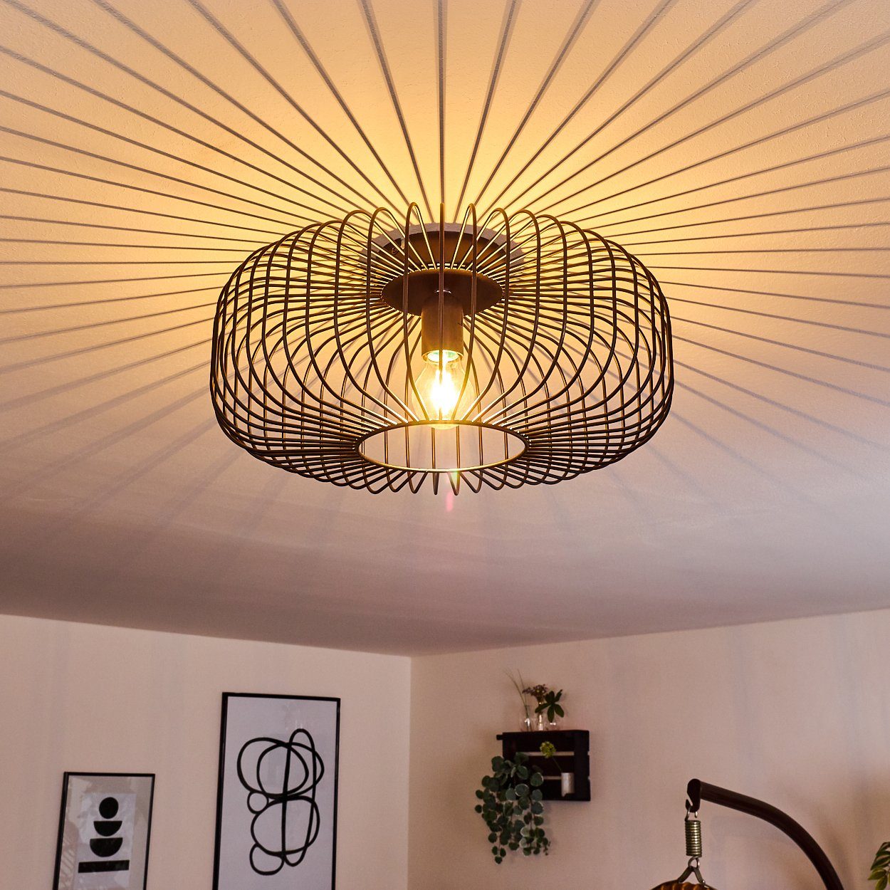 in Deckenleuchte mit Deckenlampe E27, hofstein Gitter-Optik Lichteffekt aus Metall runde durch Retro-Leuchte Leuchtmittel, »Pieris« ohne Schwarz,