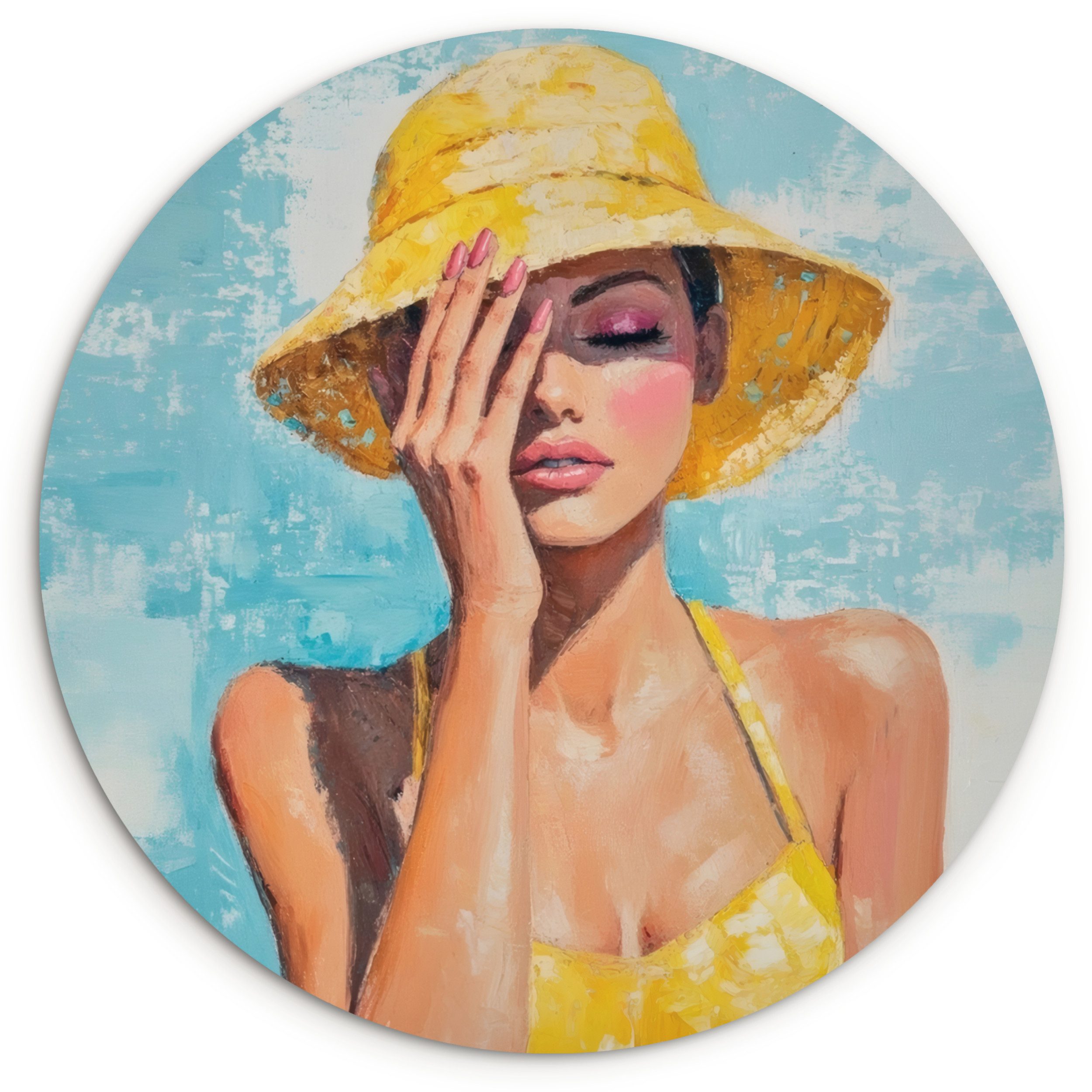 MuchoWow Gemälde Kunstdrucke - Frau - Hut - Gelb, Fotodruck (1 St), Kreis Wanddekoration, Rundes Wandbild, 30x30 cm