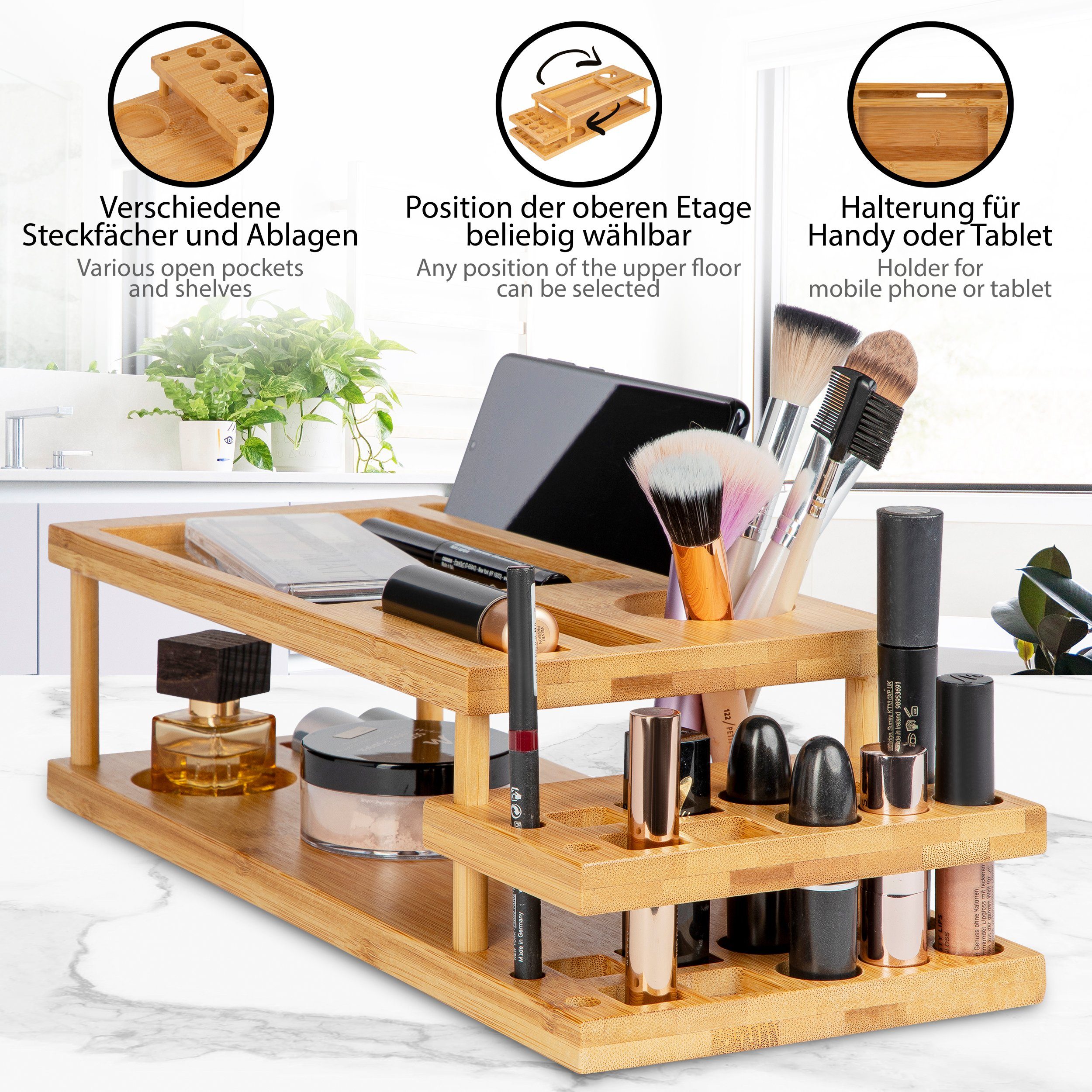 Bambuswerk I Makeup Organizer Aufbewahrung Kosmetikbox Ordnungssystem aus Holz mit natürlicher Maserung für Badezimmer Schminktisch Kosmetik Organizer 