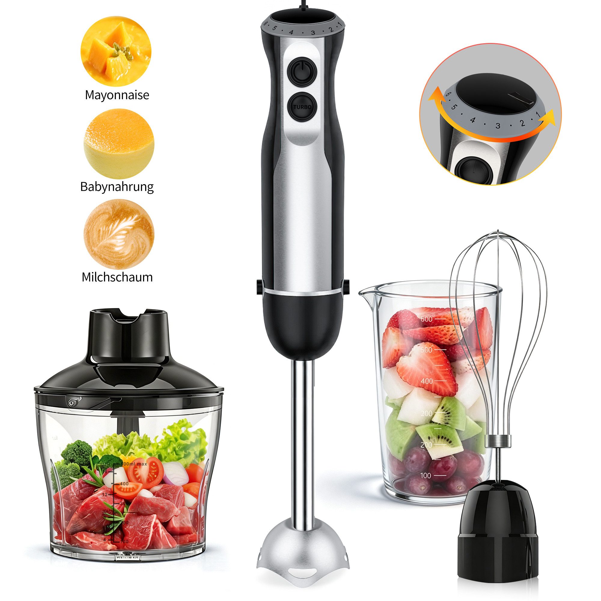 ibettertec Stabmixer Elektrischer Pürierstab mit 6 Geschwindigkeiten + Turbo, 1000 W, für die Zubereitung von Soße, Babynahrung und Suppe