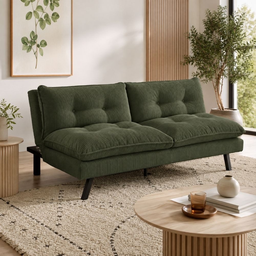 LebensWohnArt Sofa Schlafsofa CAPULO Grün Cord 190cm 3-Sitzer Couch modern