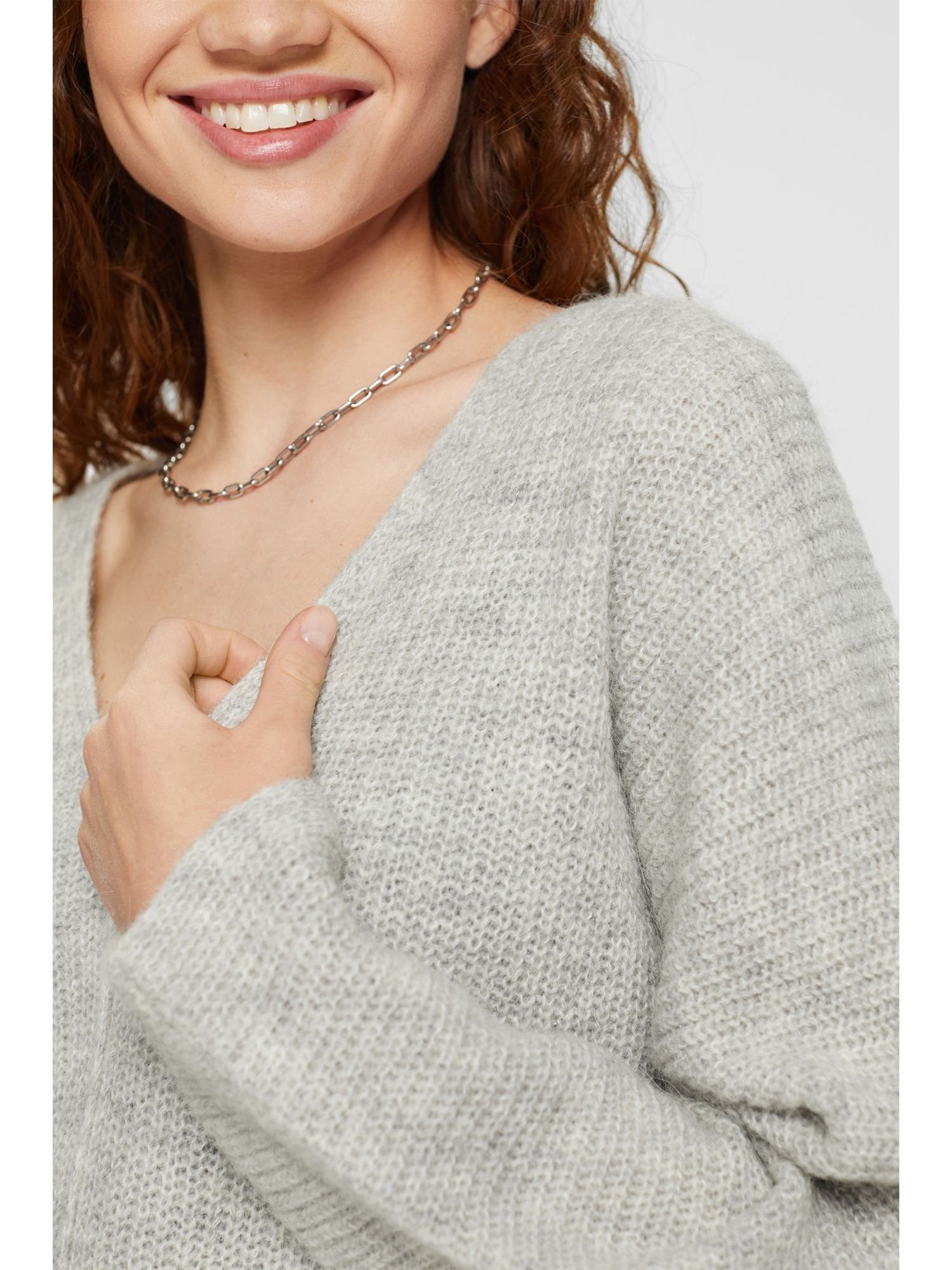 aus V-Ausschnitt-Pullover Wollmix Esprit GREY LIGHT Cropped-Pullover