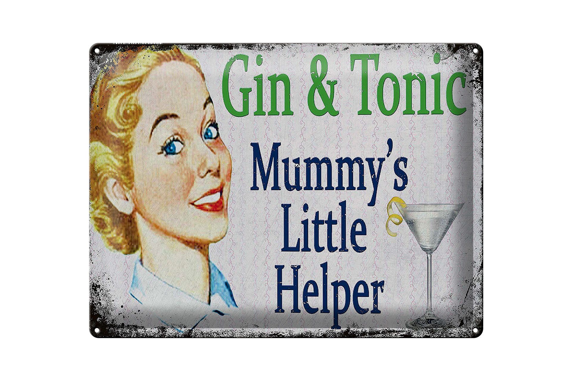 Femer GmbH Metallschild Alkohol 30x40 cm Gin and Tonic Mummys little Helper, (1 St), gewölbte Oberfläche, abgerundete Ecken, umgeschlagene Kanten