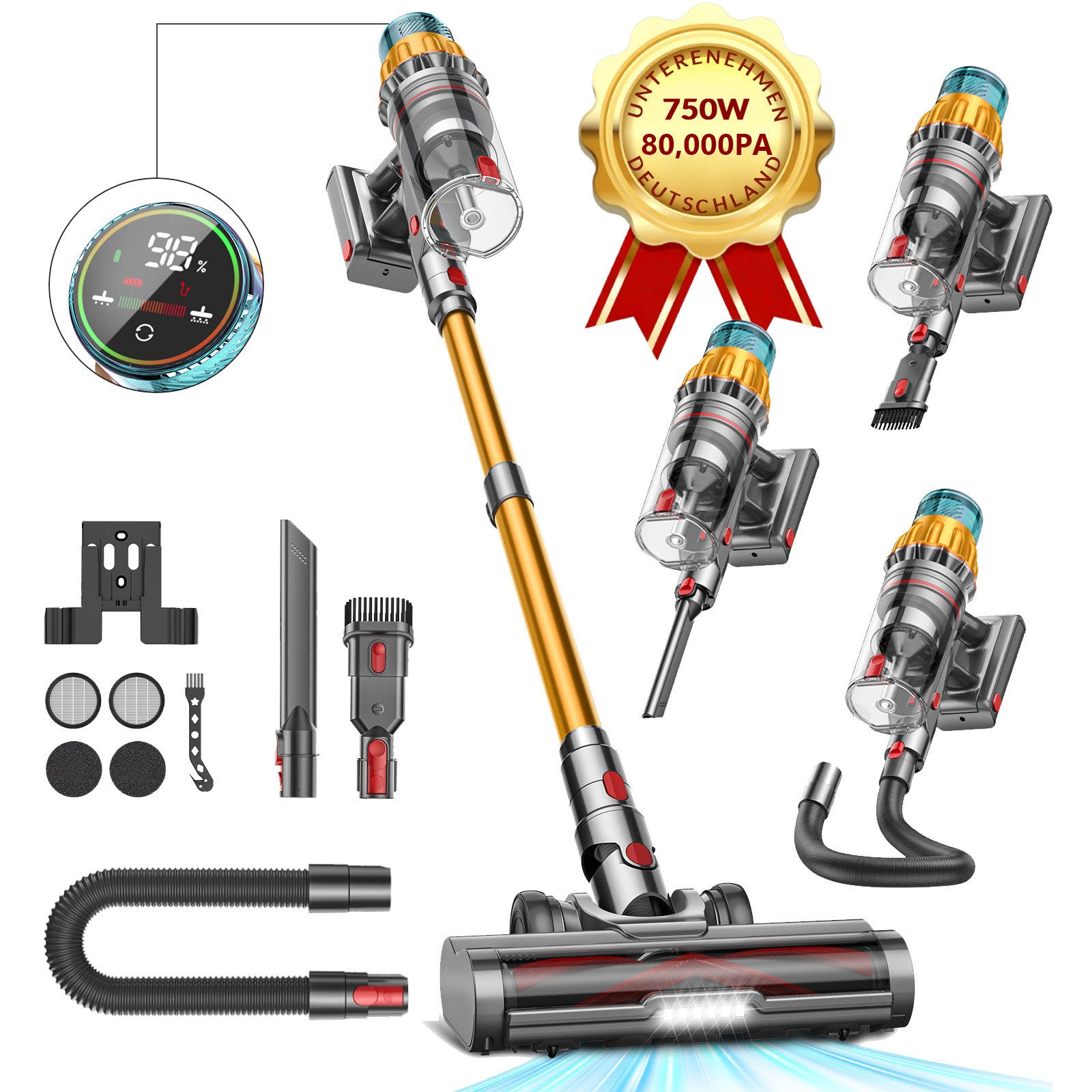 FOSMET Akku-Hand-und Stielstaubsauger Akku Staubsauger 80000Pa 750W 80min, 2,6L Staubbehälter, OLED Display, 750 W, 2.6L, Kabelloser Stabstaubsauger mit 11-Stufen-Filter, 50dB leise, für Böden