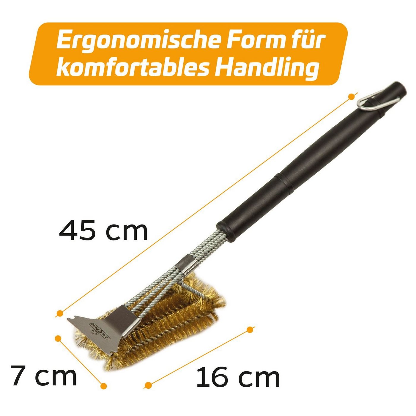 Thumbnail - Grillfürst Grillbürste Grillfürst Grillbürste Messing für Gusseisen Roste, mit langem 3-fach Bürstenkopf und Schaber