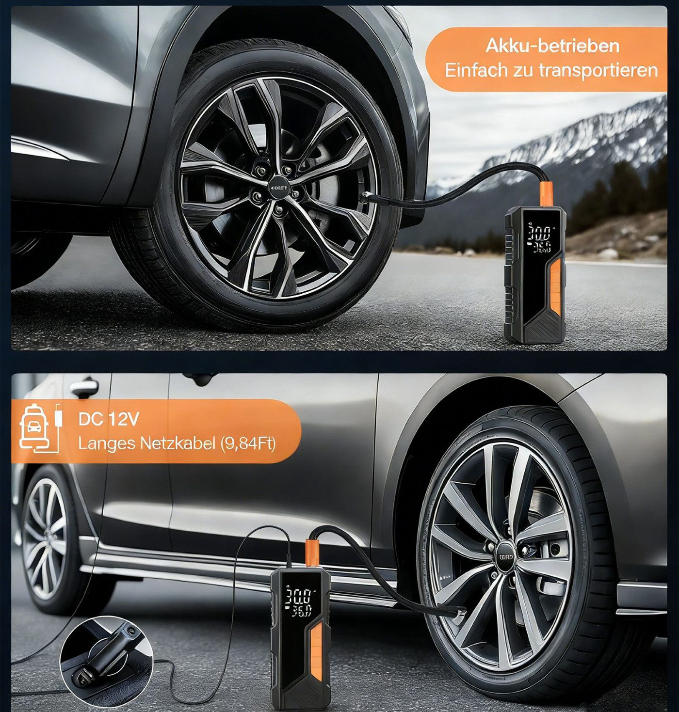 AKKEE Akku-Luftpumpe Elektrische Luftpumpe, wiederaufladbare Luftpumpe, Mini Kompressor, elektrische Luftpumpe mit Licht, Digitale LCD-Bildschirm