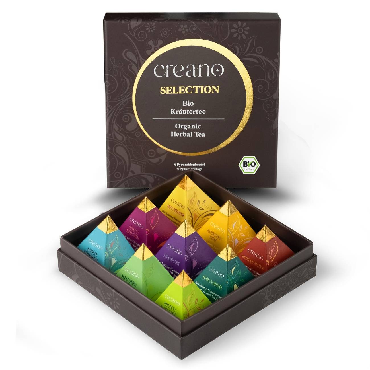 Creano Tee Bio Kräutertee 9er Pyramiden Geschenkset „ORGANIC HERBAL TEA“, 1 x 1 St. (9 Bio-Pyramiden-Teebeutel)