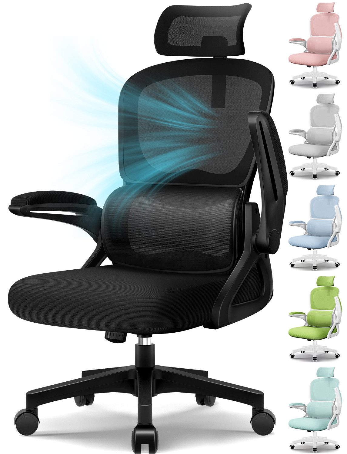 Homimaster Bürostuhl Bürostuhl, Schreibtischstuhl Ergonomisch mit Klappbaren Armlehnen (Bürostuhl mit Verstellbarer Kopfstütze, 90° Klappbare Armlehnen und Lendenwirbelstütze, Höhenverstellbarer Chefsessel aus Mesh), Bürostuhl mit maximaler Neigung von 13