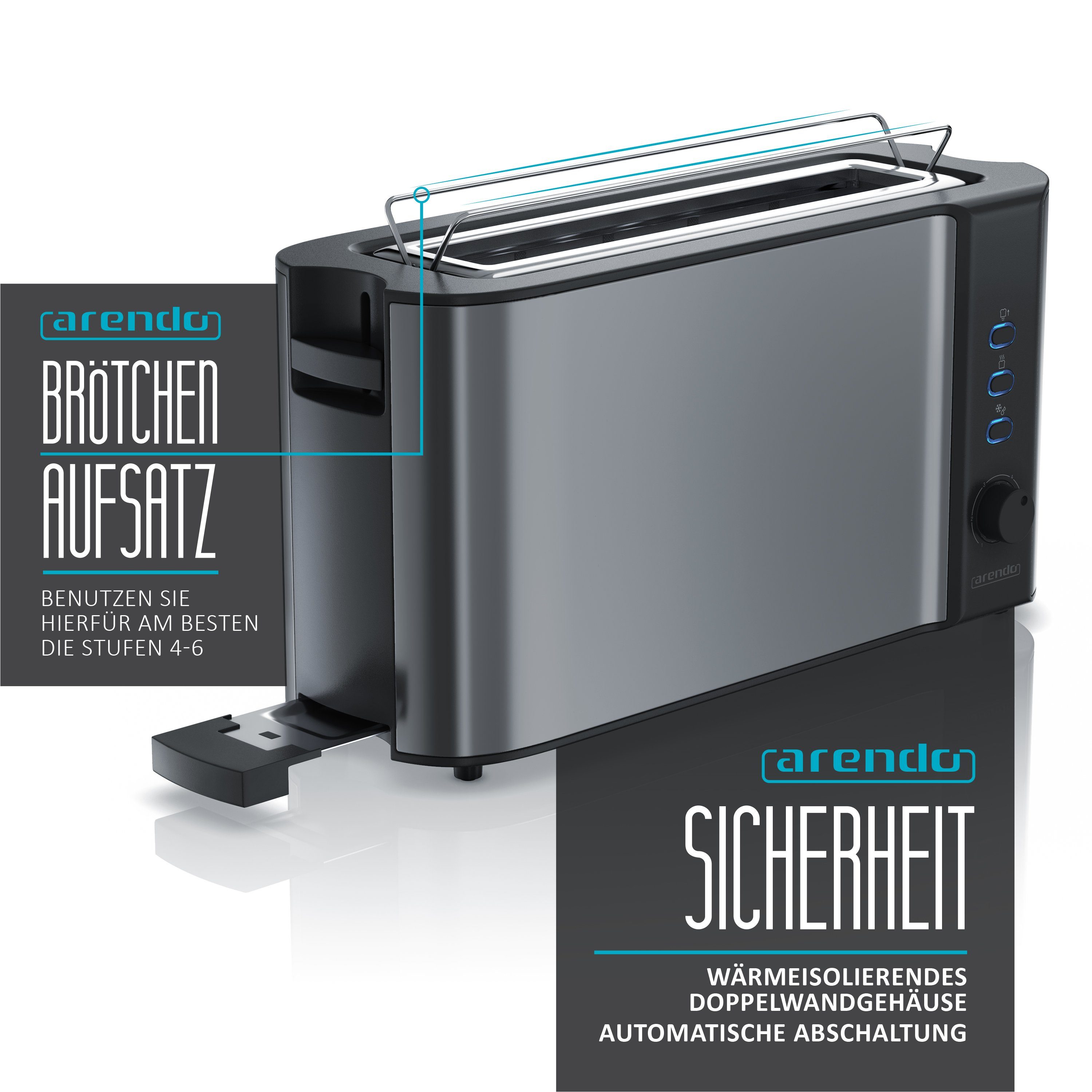 Arendo Toaster, 1 2 Display grau langer Gehäuse, 1000 W, Brötchenaufsatz, Wärmeisolierendes Schlitz, Langschlitz, für Scheiben