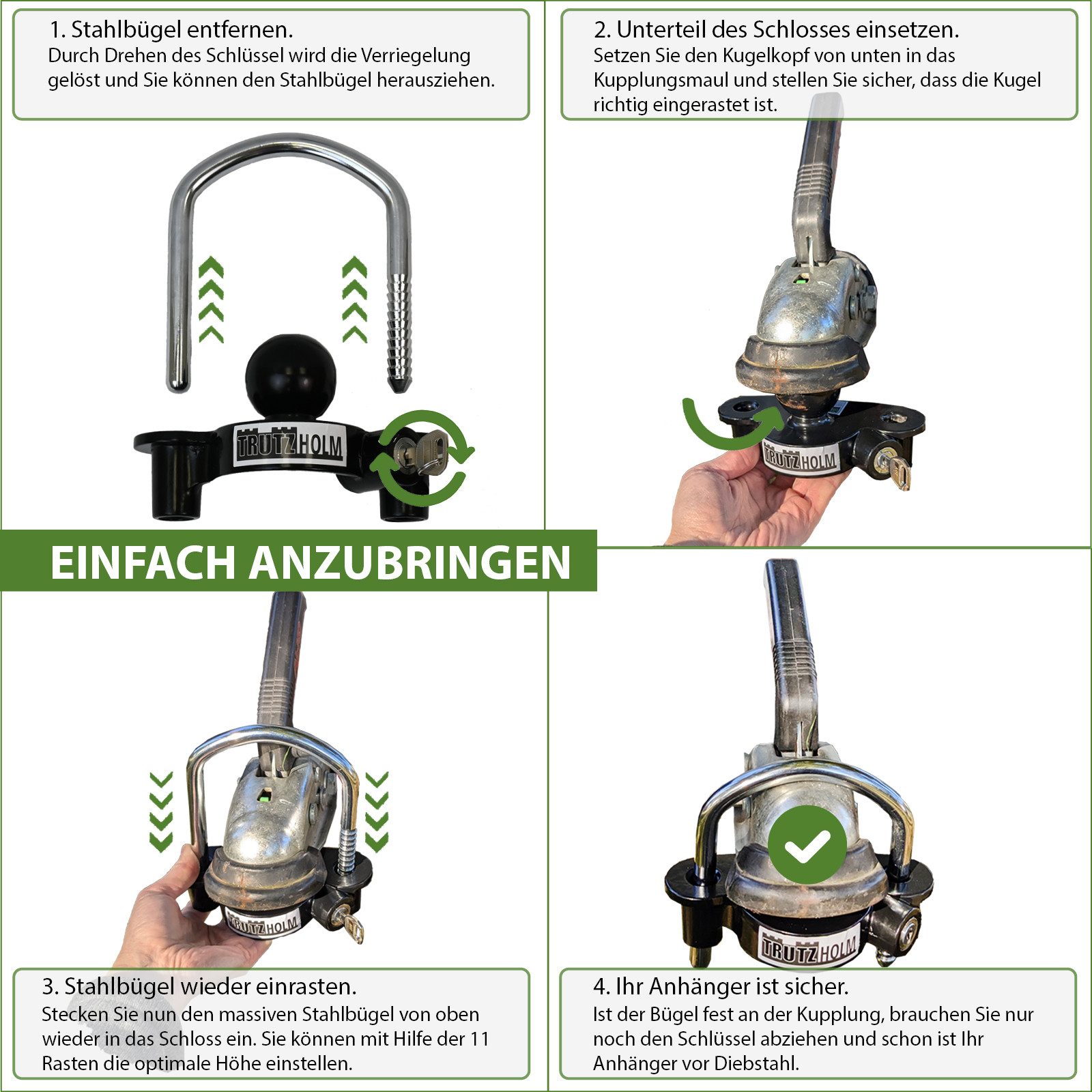 TRUTZHOLM Anhängerschloss für Anhängerkupplung 50mm inkl. 4 Schlüssel mit 12,7mm Stahlbügel, 11-fach verstellbar
