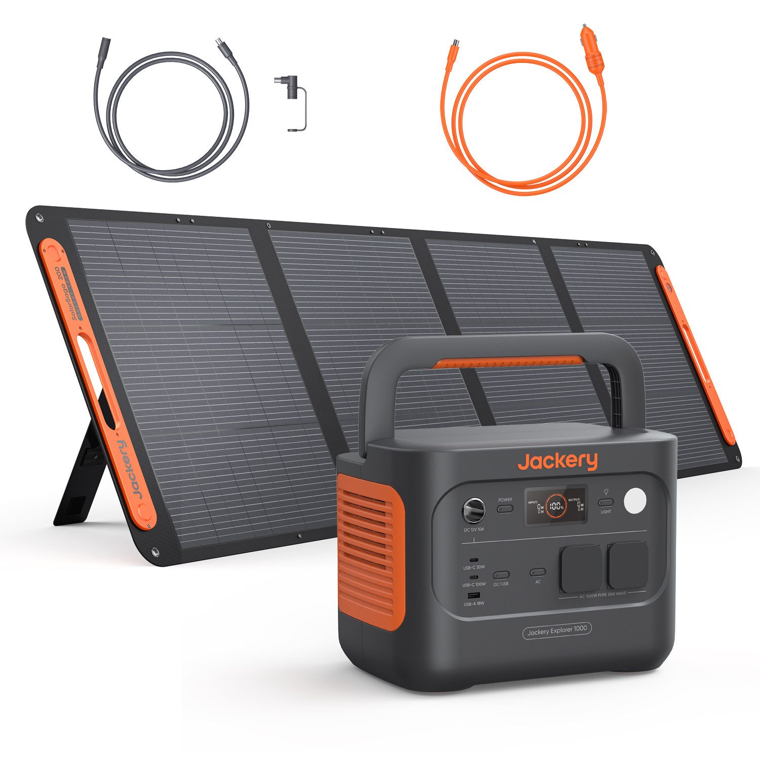 Jackery Stromerzeuger 1000 v2 tragbare Powerstation mit 200W Solargenerator 1070Wh, 3 in kW, mit Kfz-Ladekabel & 5M Kabel, LiFePO4 für Camping, Notfall