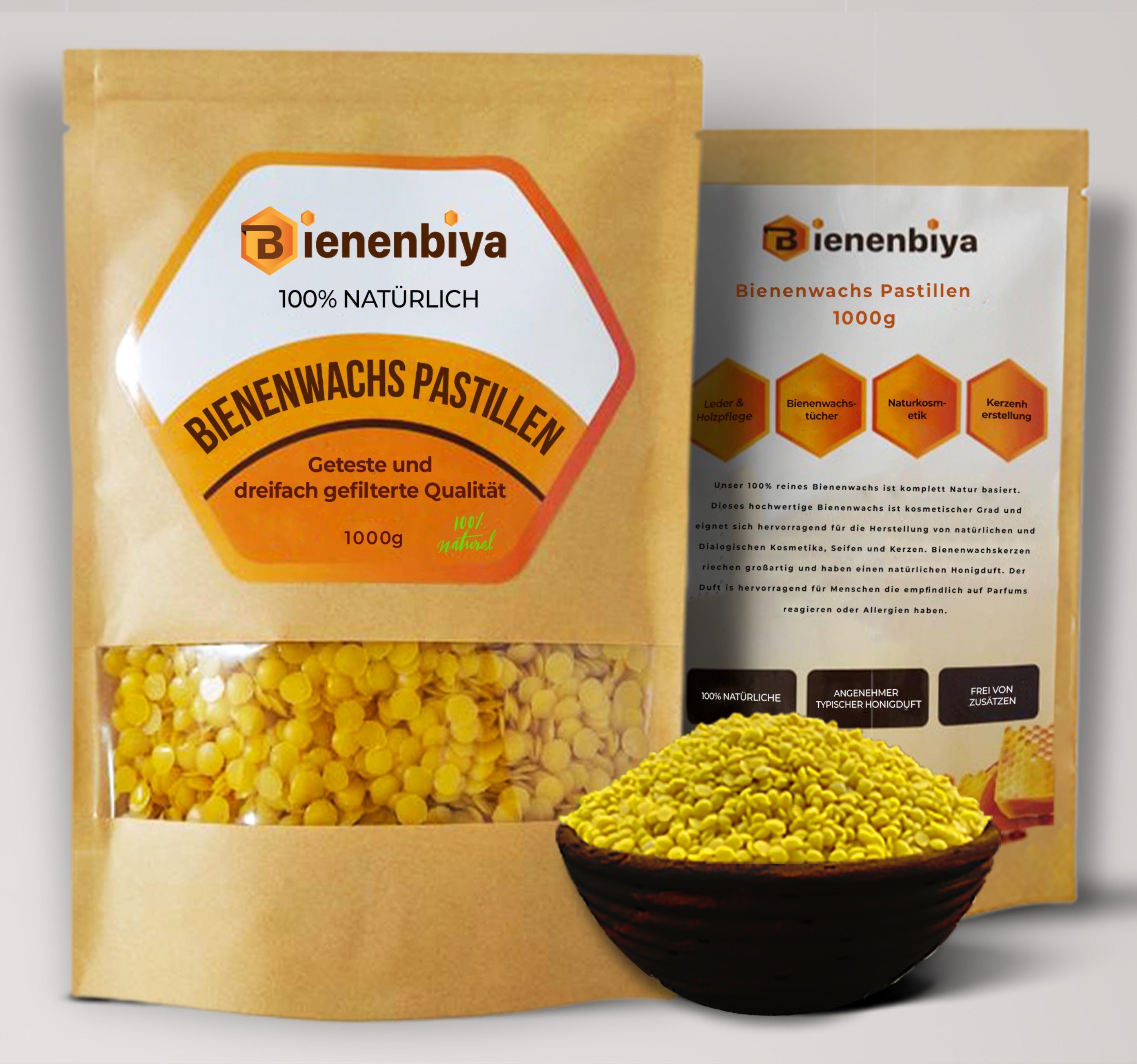 Bienenbiya Bienenwachstücher 200g/400g/1Kg 100% Reine Bienenwachs Pastillen ohne Zusatzstoffe, natürliches Beeswax für Salben,Kosmetika,Seifen,Kerzenherstellung und Leder-/Holzpflege, 100% natürlich ohne zusatzstoffe