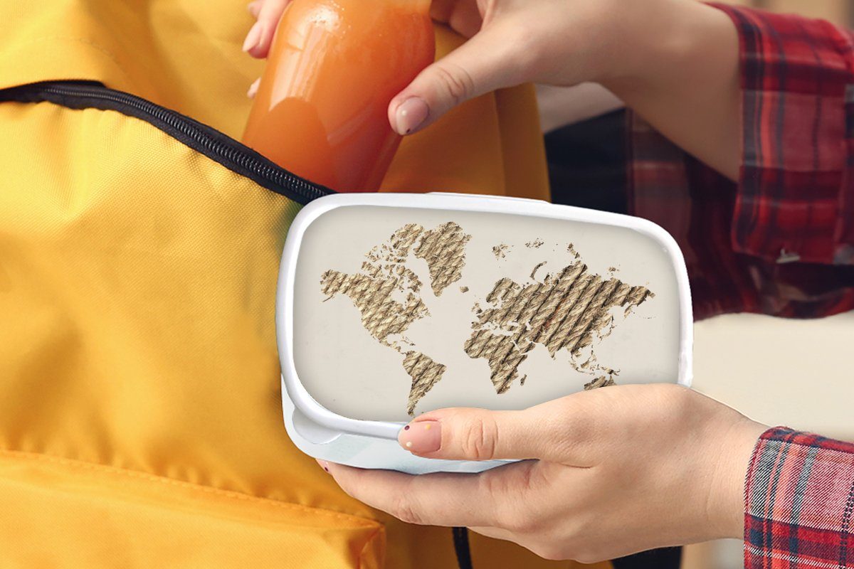 Lunchbox Weltkarte (2-tlg), Kinder Jungs MuchoWow - weiß Seil und Kunststoff, für Brotbox Brotdose, Mädchen und - Braun, für Erwachsene,