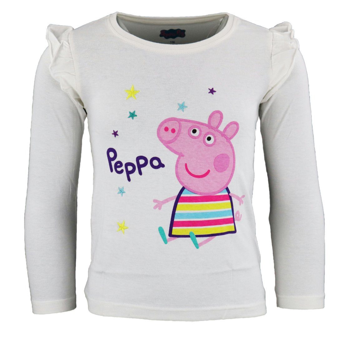 Kinder T-Shirt Gr. Wutz 92 100% bis PEPPA Peppa Pig Baumwolle langarm Langarmshirt Weiß 116,