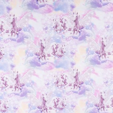 SCHÖNER LEBEN. Stoff Jersey Stoff Digitaldruck UNICORNS Einhorn Wolken lila bunt 1,4m Br., allergikergeeignet