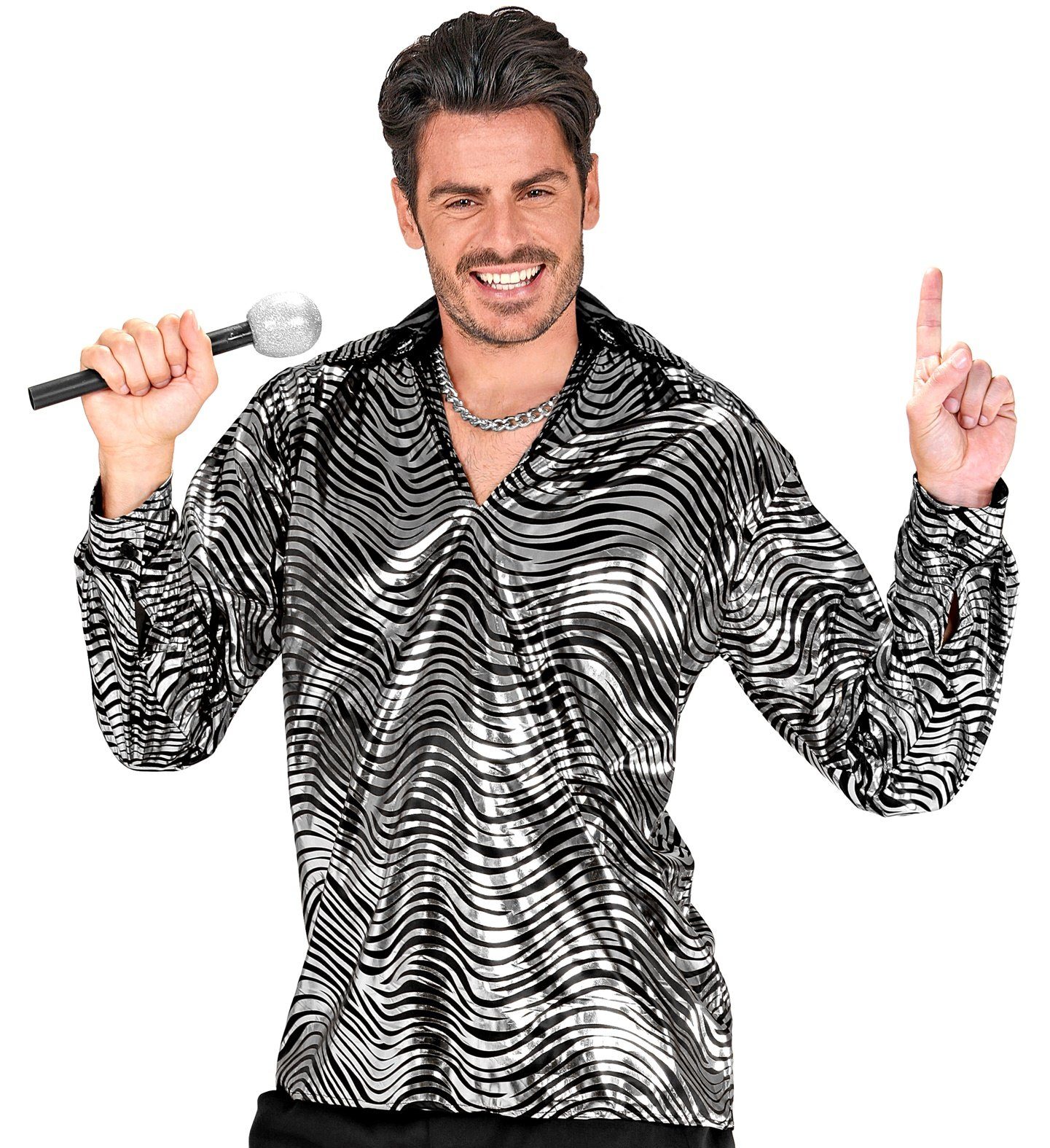 Widmann S.r.l. Kostüm Disco Hemd 'Fever' für Herren, Silber Schwarz