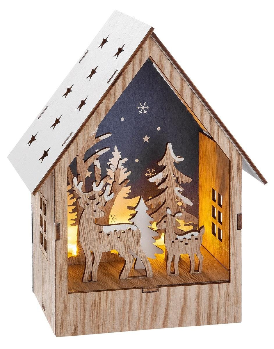dekojohnson Weihnachtsfigur Deko-Haus mit Waldmotiv 3D Holzbild Waldszene 19cm